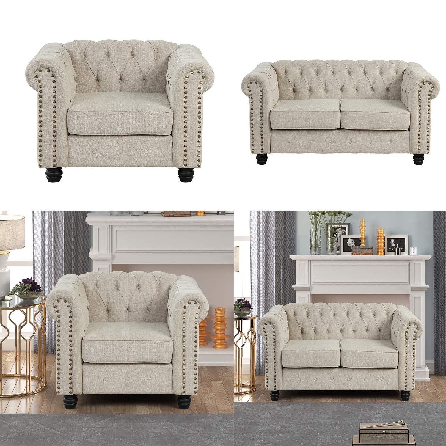 Morden Fort Beige Sofa Set for Living Room Furniture Button Tufted Chair and Loveseat 2 Pieces Fabric