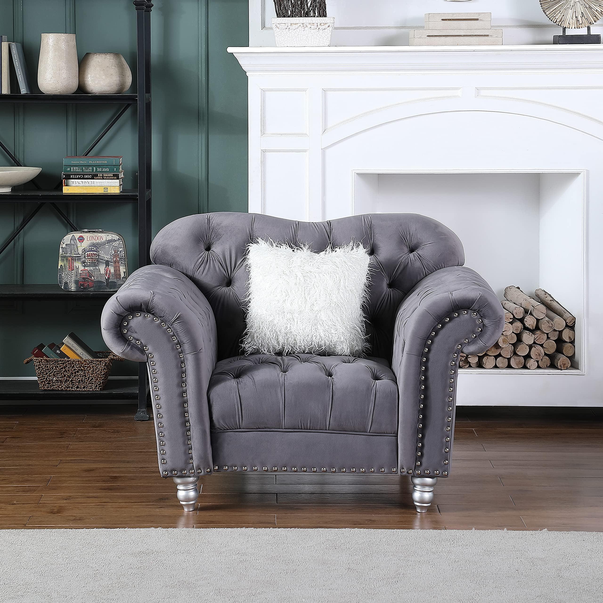 Velvet Accent Chair Gray Luxury Classic America Chesterfield Tufted Camel Back Armchair - Morden Fort