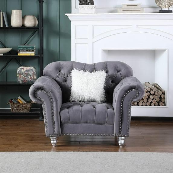 Velvet Accent Chair Gray Luxury Classic America Chesterfield Tufted Camel Back Armchair - Morden Fort