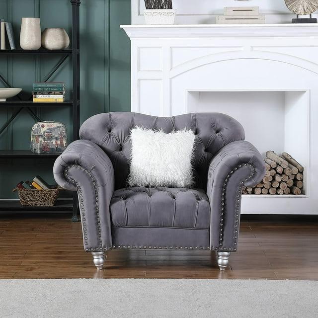 Velvet Accent Chair Gray Luxury Classic America Chesterfield Tufted Camel Back Armchair - Morden Fort