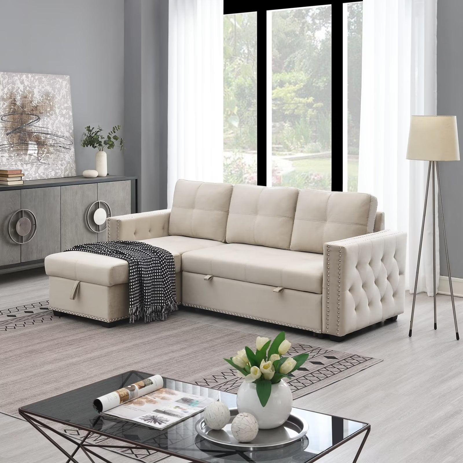 Velvet Sleeper Sofa Sectional Couch with Put Out Bed and Reversible Storage Chaise Beige - Morden Fort