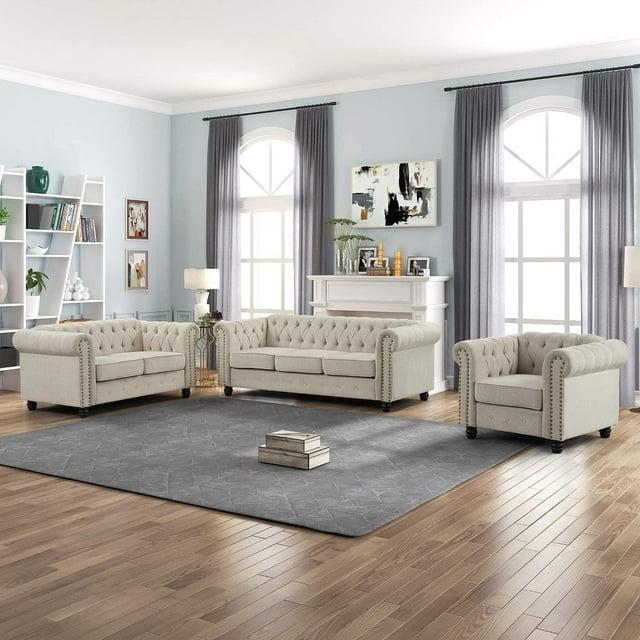 Morden Fort Sofa Set for Living Room Furniture 3 Pieces Button Tufted Couch Loveseat and Chair Beige