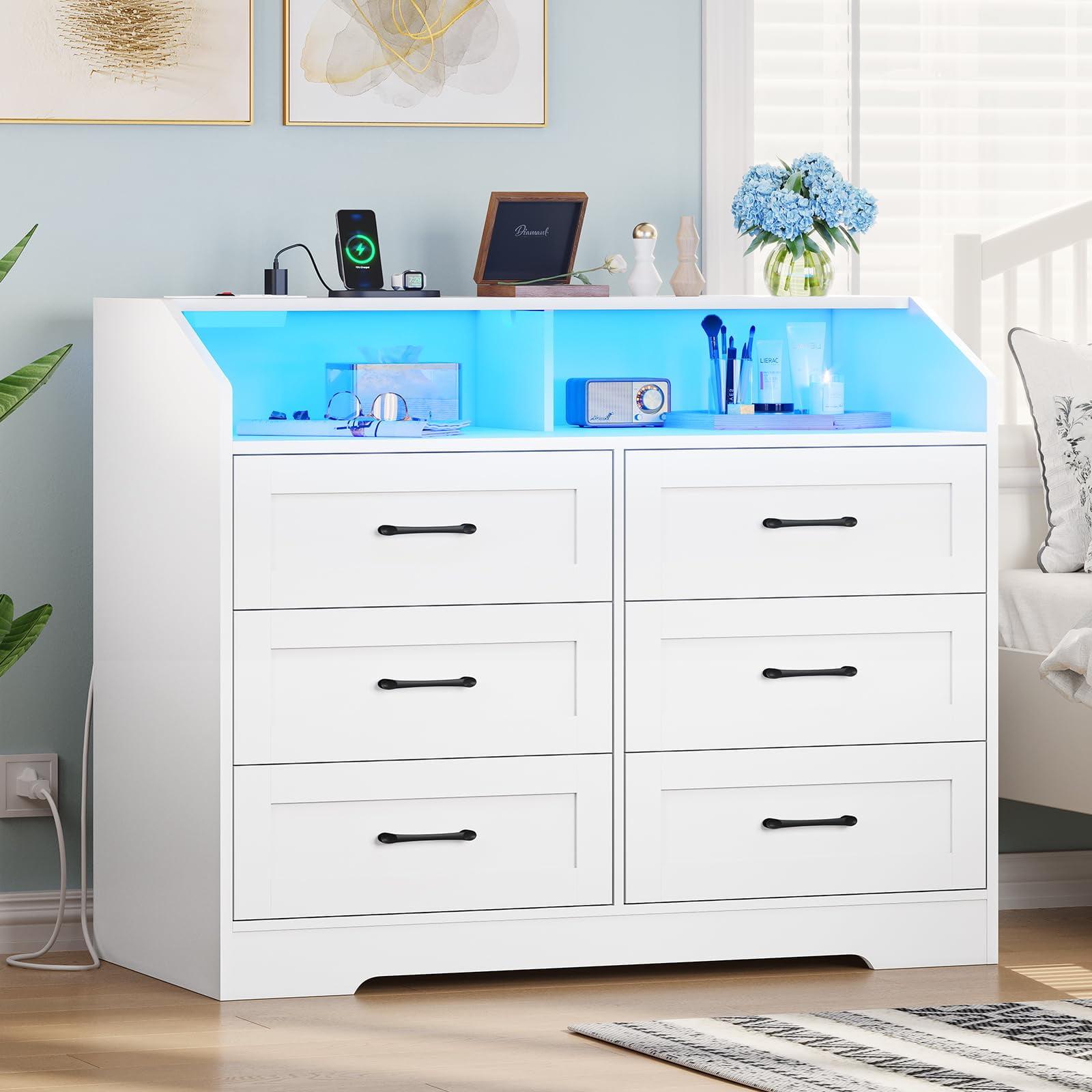 White 6-Drawer Dresser with LED Lights and Charging Station