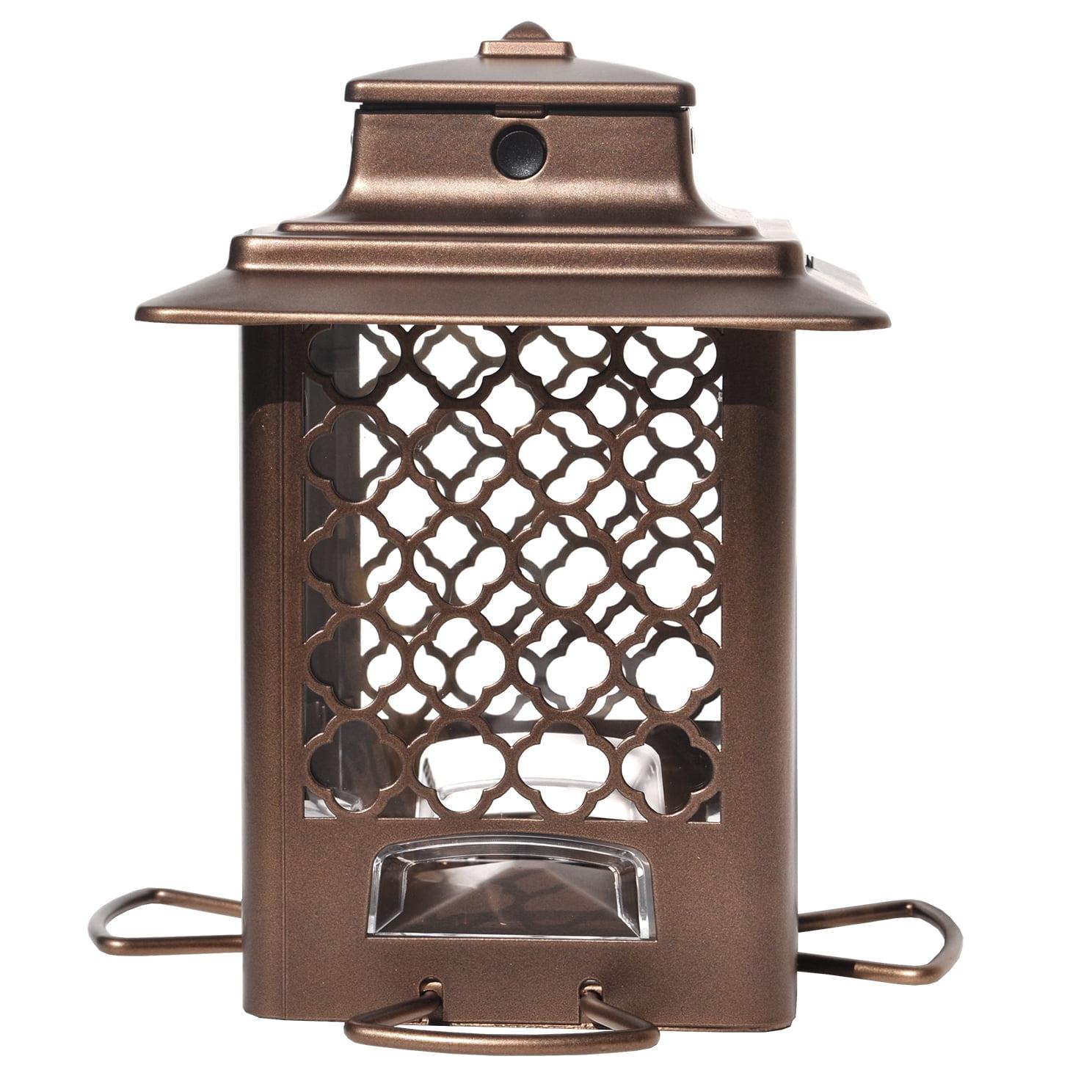 Bronze Metal Hanging Hopper Bird Feeder with Ornate Design