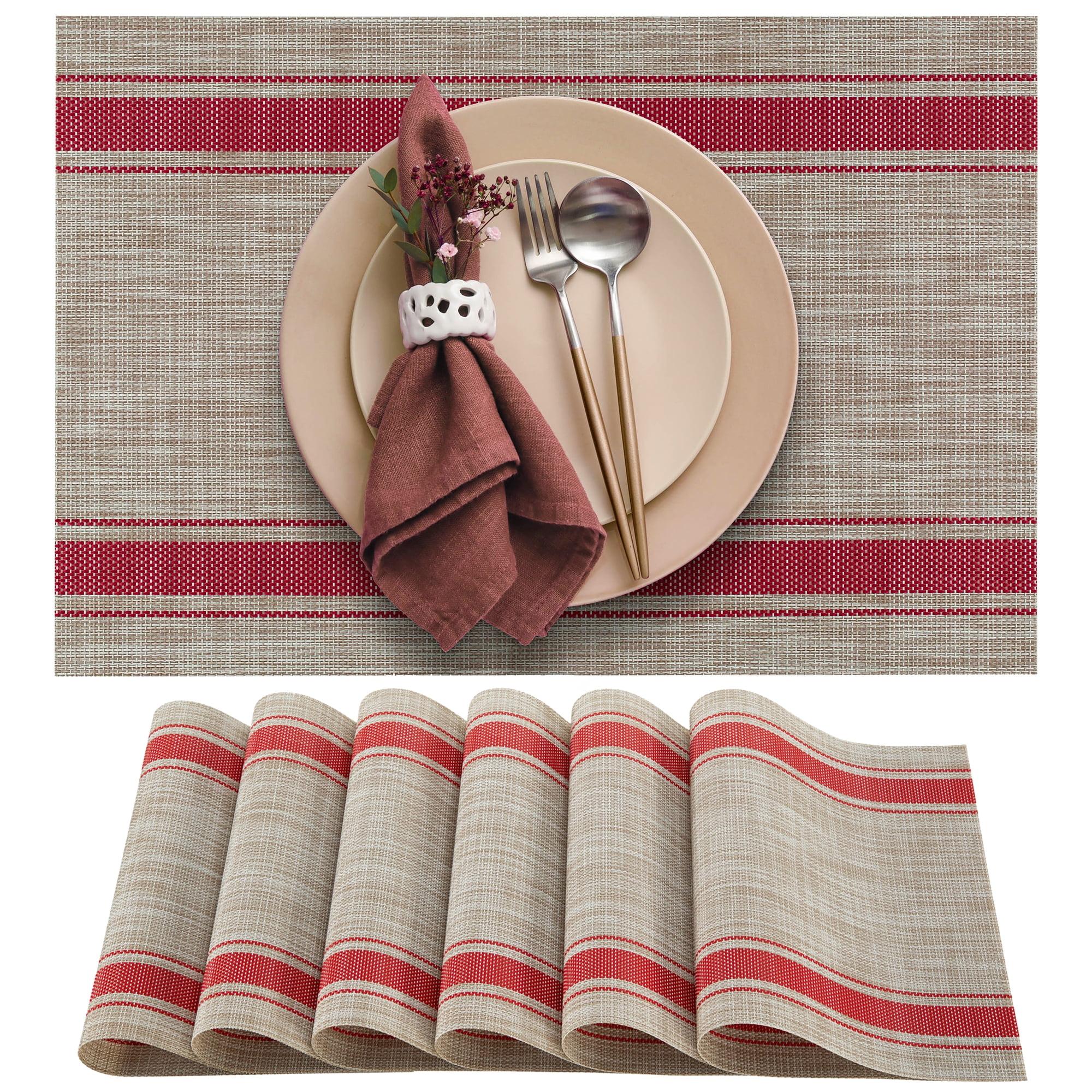 More Décor Dining Table Placemats, Washable Heat-Resistant PVC Vinyl Table Mats for Dining Room and Kitchen, Anti-Slip - Set of 6 - Horizontal Striped Red - Grey