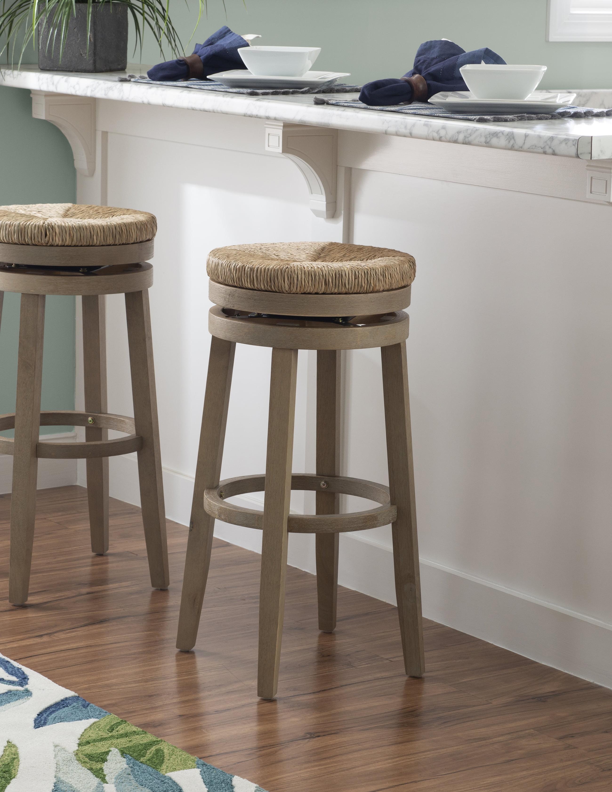 Natural Wood Swivel Backless Bar Stool with Seagrass Seat