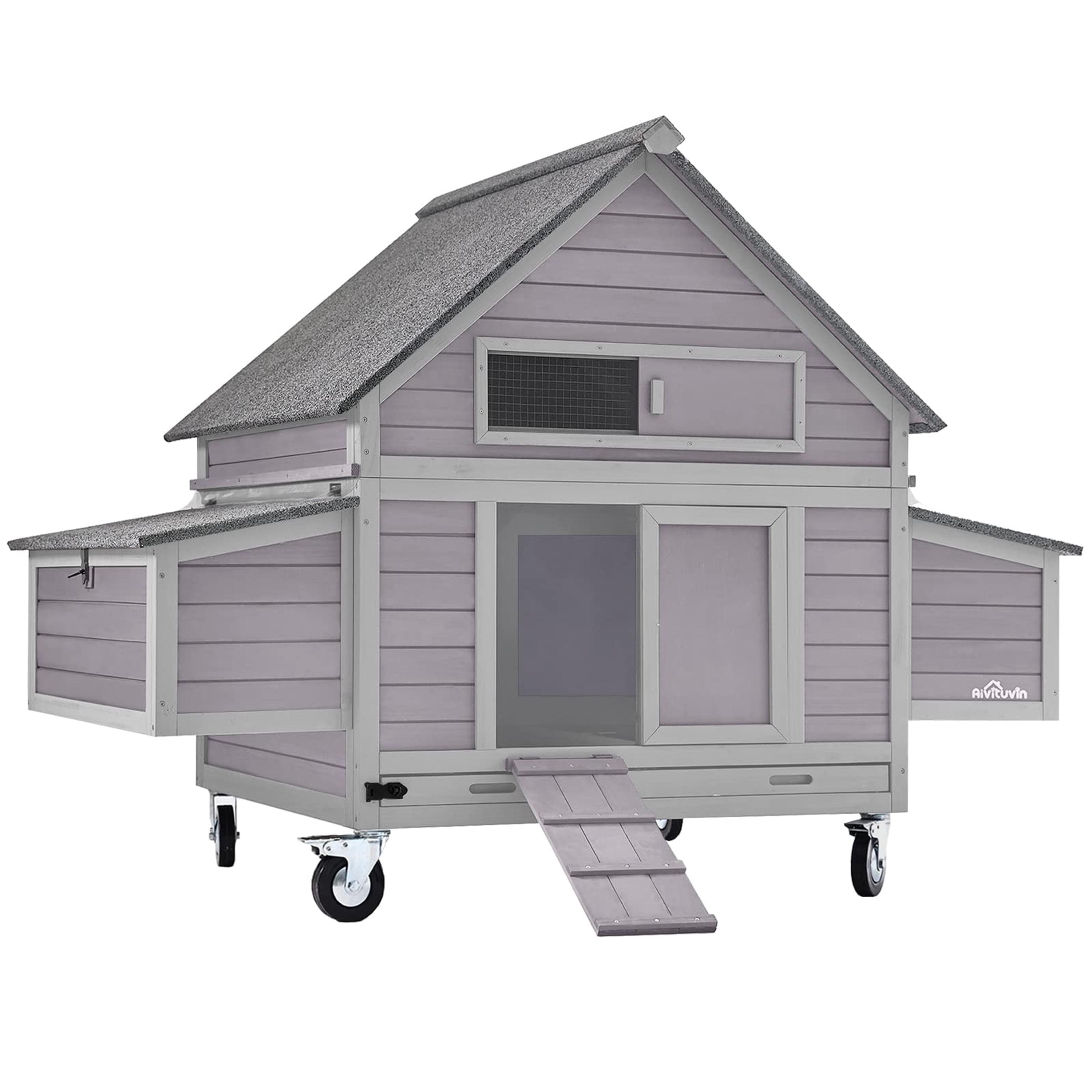 Gray Wooden Portable Chicken Coop with Wheels and Nesting Box