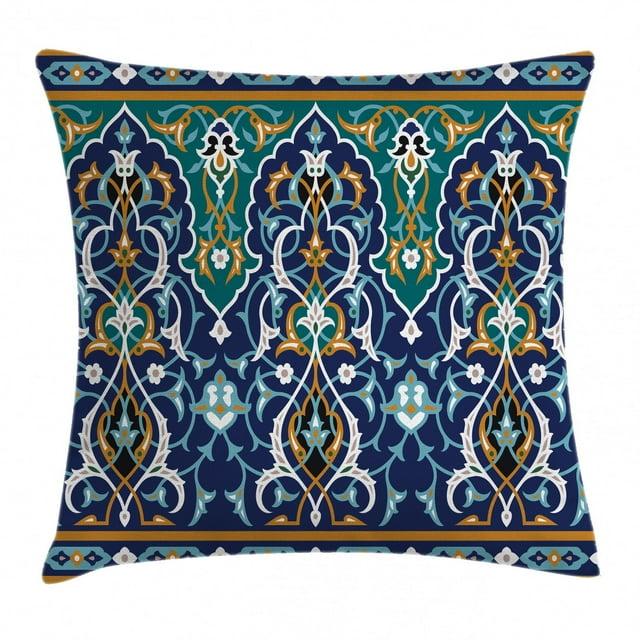 Moroccan Throw Pillow Cushion Cover, Ethnic Oriental Figure Petals Hippie Vintage Tribal Mosaic Design, Decorative Square Accent Pillow Case, 24 X 24 Inches, Blue Mustard, by Ambesonne
