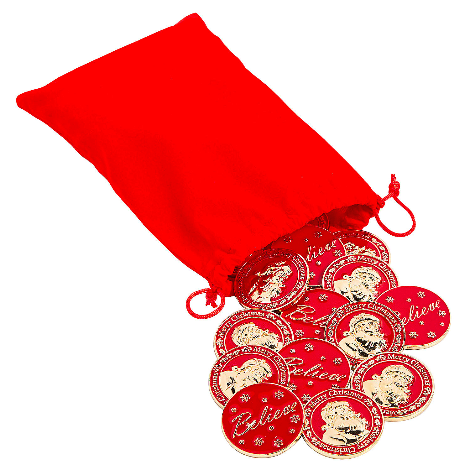 Red Santa Believe Metal Coins with Red Velvet Drawstring Bag