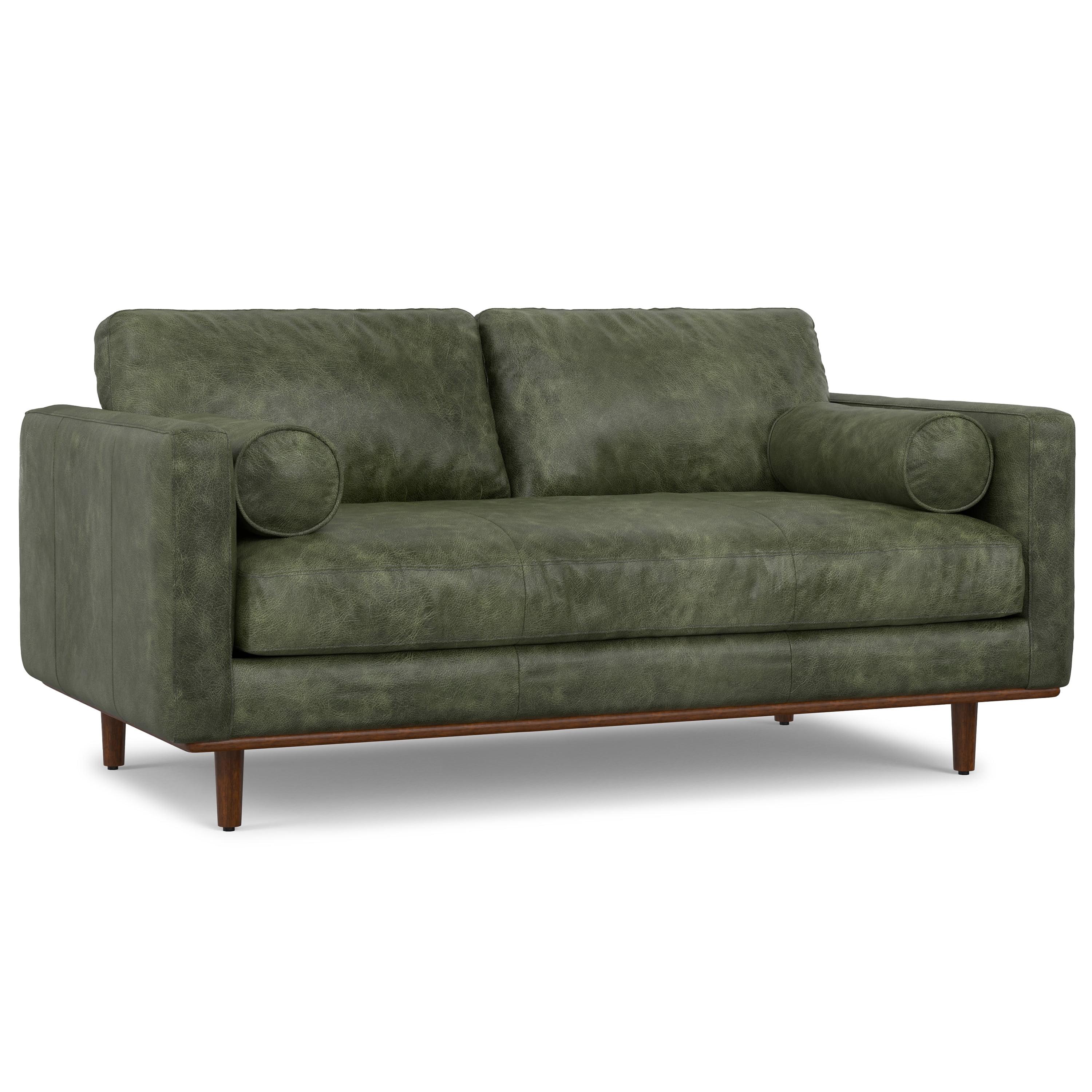 Simpli Home Morrison Genuine Leather Sofa, Mid-Century Modern Couch for Living Room, Handcrafted with Removable Cushions