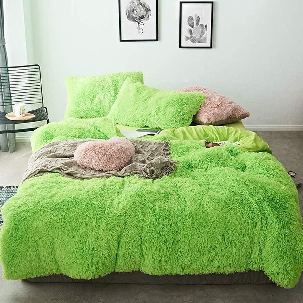 Olive Green Shaggy Faux Fur 5-Piece Full/Queen Duvet Cover Set