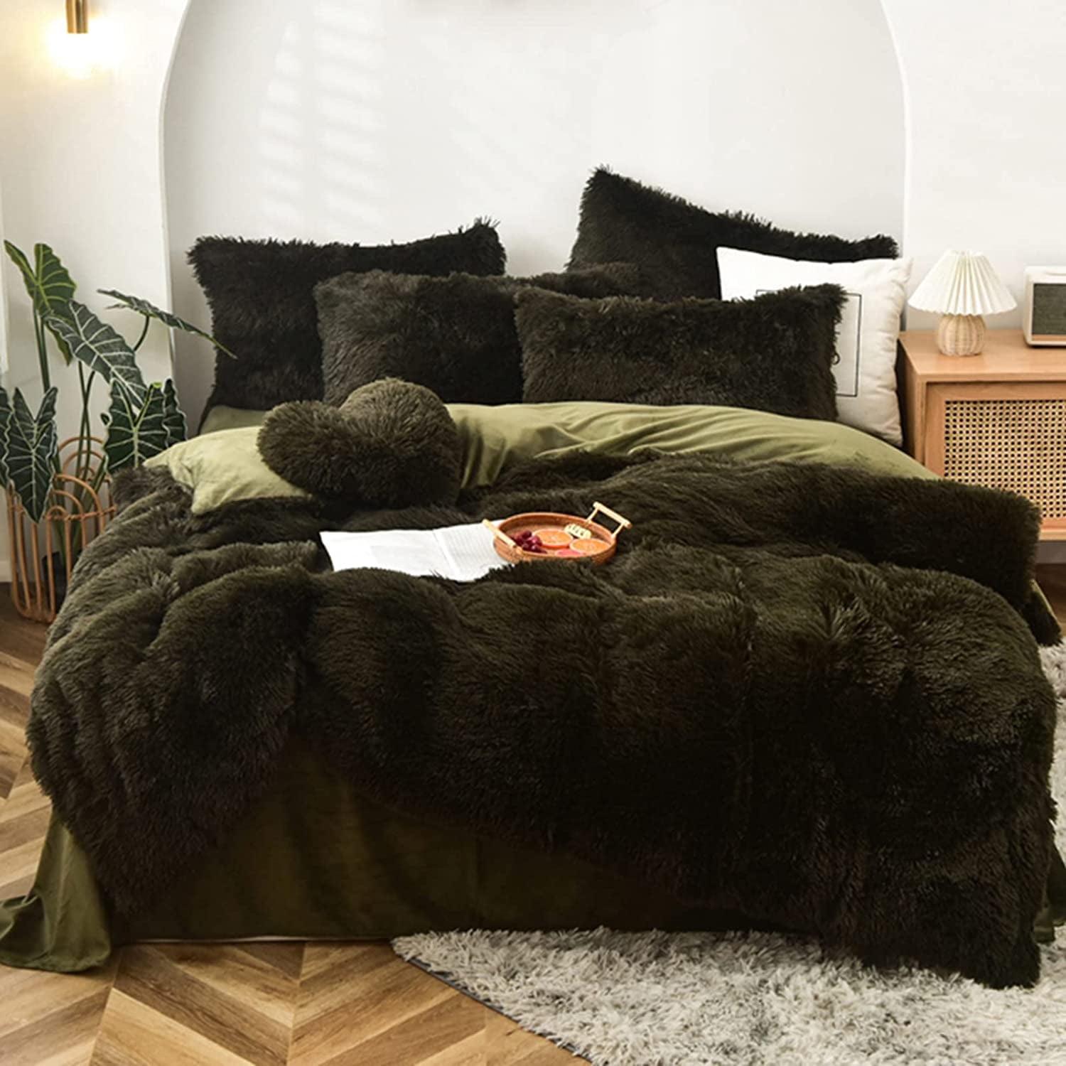 MorroMorn 5 PCS Shaggy Duvet Cover Bedding Set - Fluffy Comforter Cover Long Faux Fur Luxury Ultra Soft Cozy (Olive Green, Full/Queen)