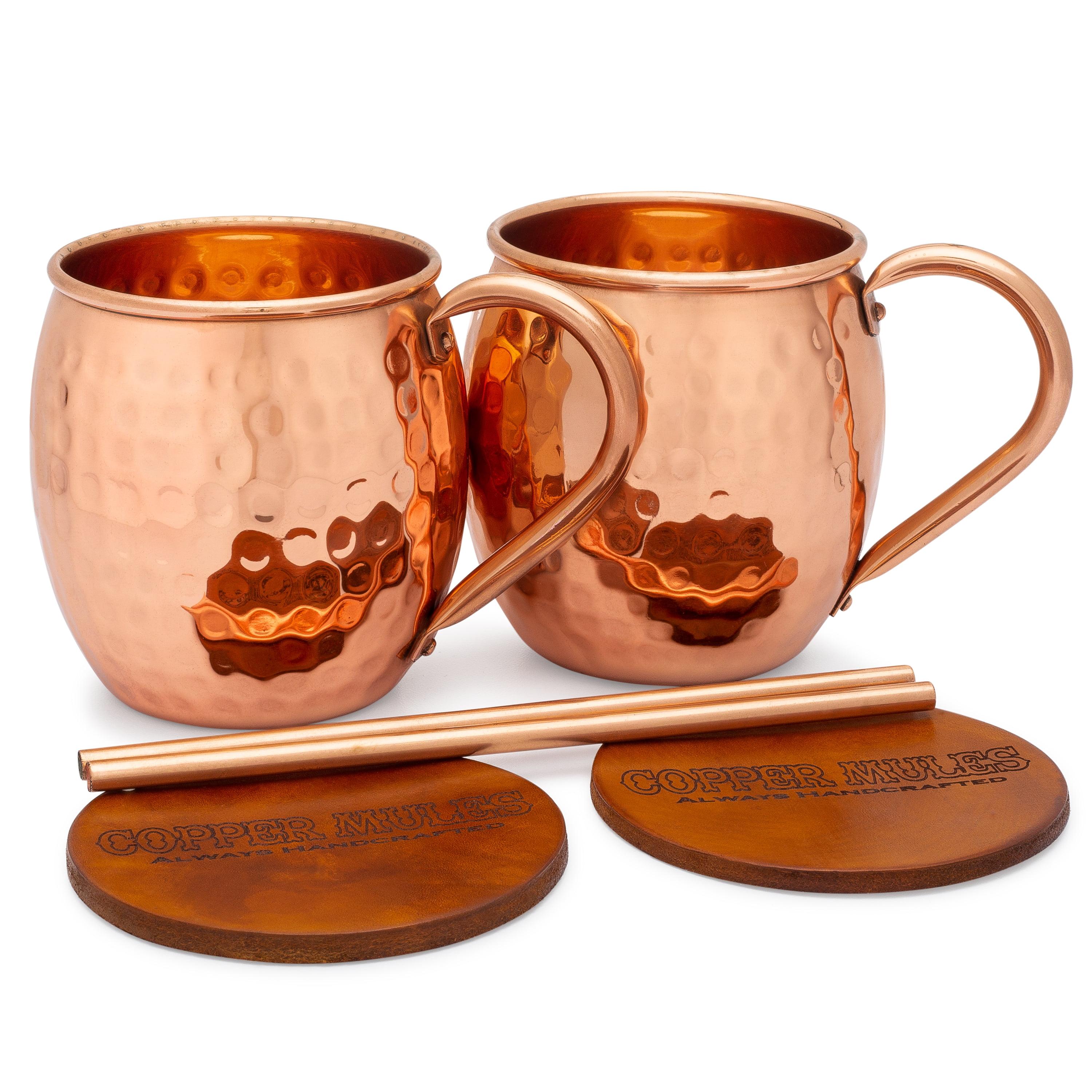 Handcrafted Hammered Copper Moscow Mule Mug Set with Leather Coasters