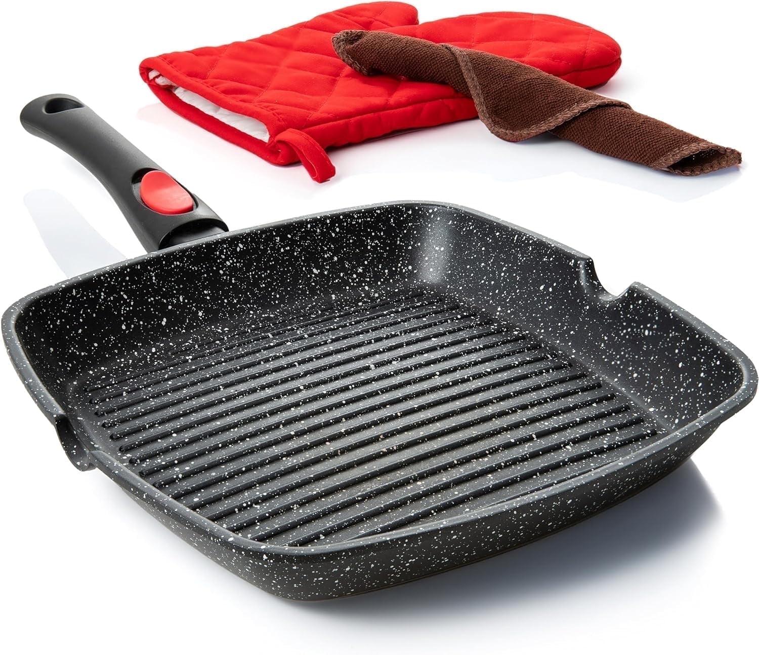 Moss & Stone Square Grill Pan For Indoor Cooking, Rv Die Casting Aluminum Grill Pan, Removable Handle Nonstick Stove Top Grill Pan for Meats & Vegetables, 11In Square Pan with Detachable Handle