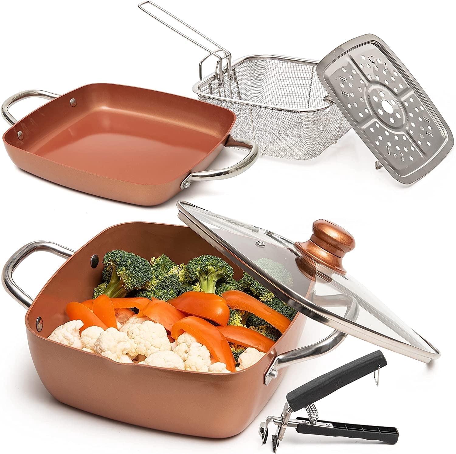 Moss & Stone Copper 6 Piece Set Chef Cookware, Non Stick Pan, Deep Square Pan, Fry Basket, Steamer Tray, Dishwasher & Oven Safe, 5 Quart Copper Pot Set, 9.5" Copper Induction Cookware Set