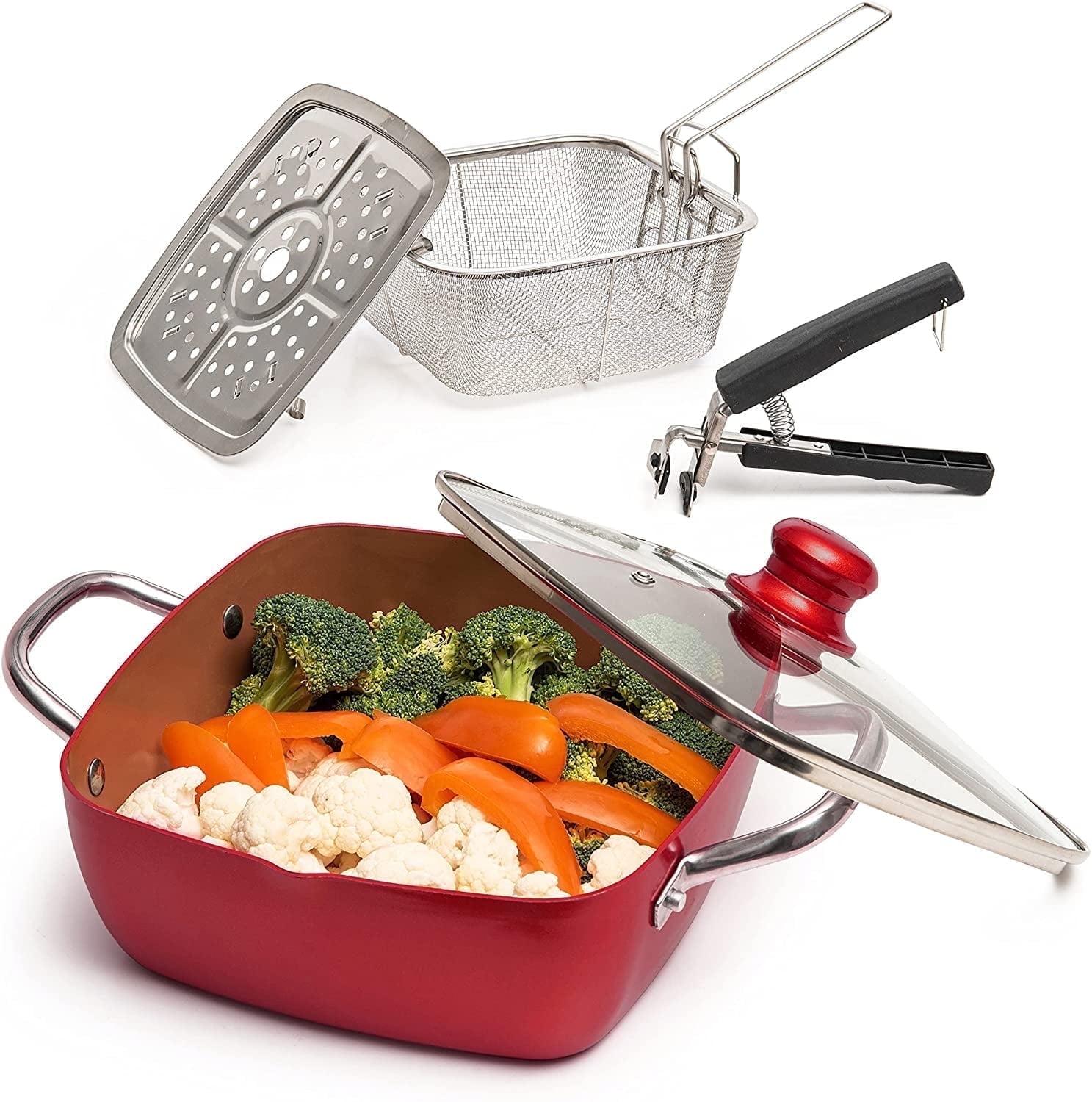 Moss & Stone Copper 5 Piece Set Chef Cookware, 9.5” Non Stick Pan, Deep Square Pan, Fry Basket, Steamer Tray, Dishwasher & Oven Safe, 5 Quart Copper Pot Set, Red Induction Cookware Set