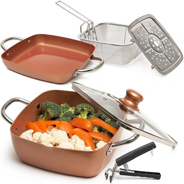 Moss & Stone Copper 6 Piece Set Chef Cookware, Non Stick Pan, Deep Square Pan, Fry Basket, Steamer Tray, Dishwasher & Oven Safe, 5 Quart Copper Pot Set, 9.5" Copper Induction Cookware Set