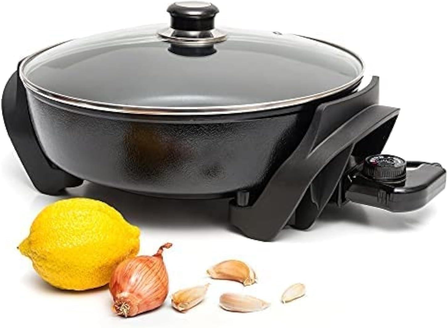 Moss & Stone Round Nonstick Electric Skillet With Lid, Aluminum 12 Inch Electric Frying Pan, 2 Layers Of Non-Stick Coating, Adjustable Temperature Control, Lid With Steam Vent, Electric Deep Skillet