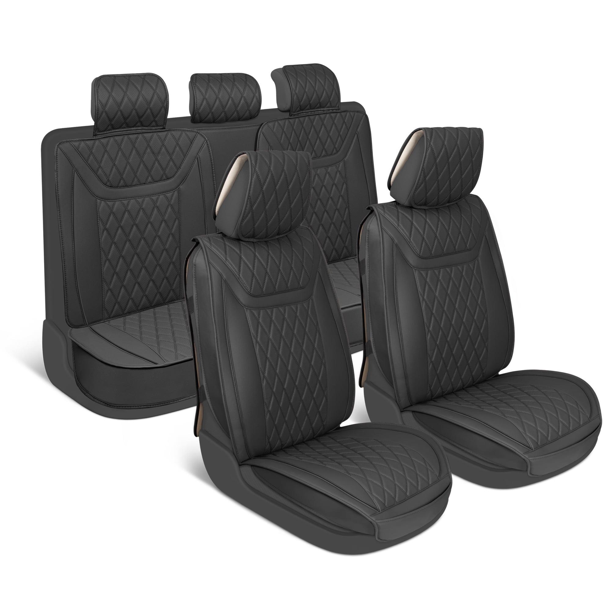 MotorBox Car Seat Covers Ranch Leatherette Faux Leather Black Seat Covers for Car Diamond Stitched Cushioned Seat Protectors for Automotive Accessories, Trucks, SUV, Car Full Set