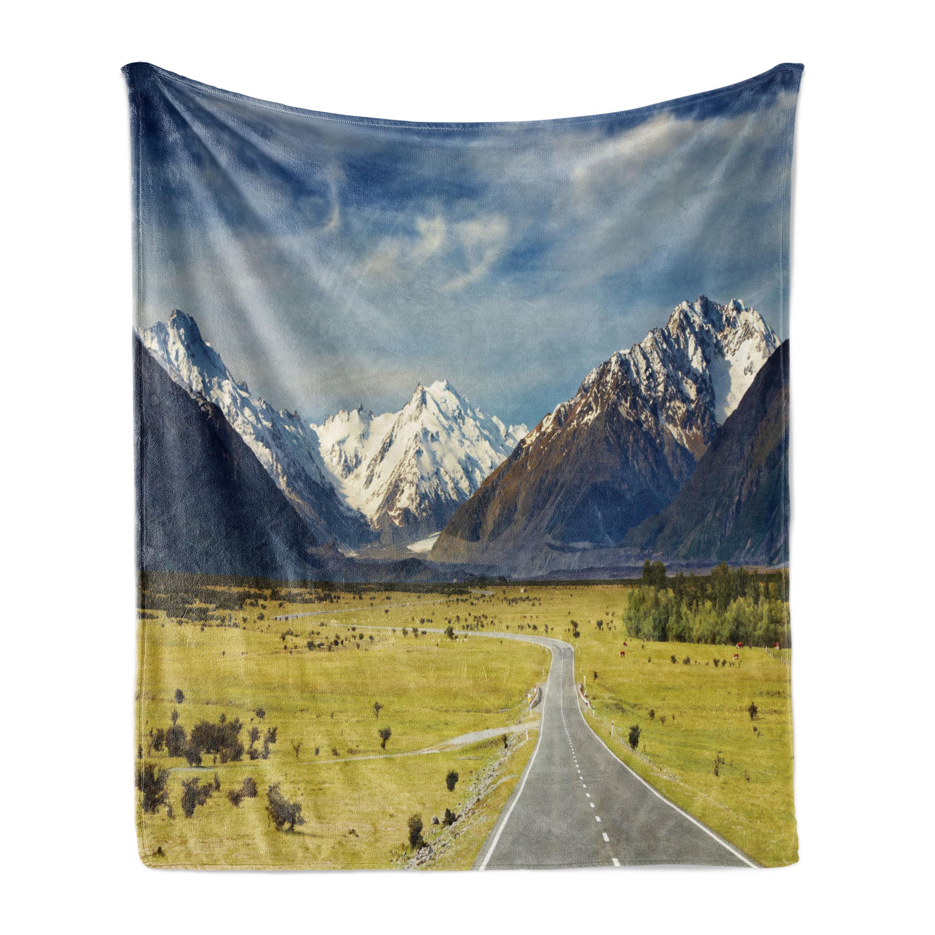 Navy Blue and White Fleece Throw Blanket with Snowy Mountain Design, 70" x 90"