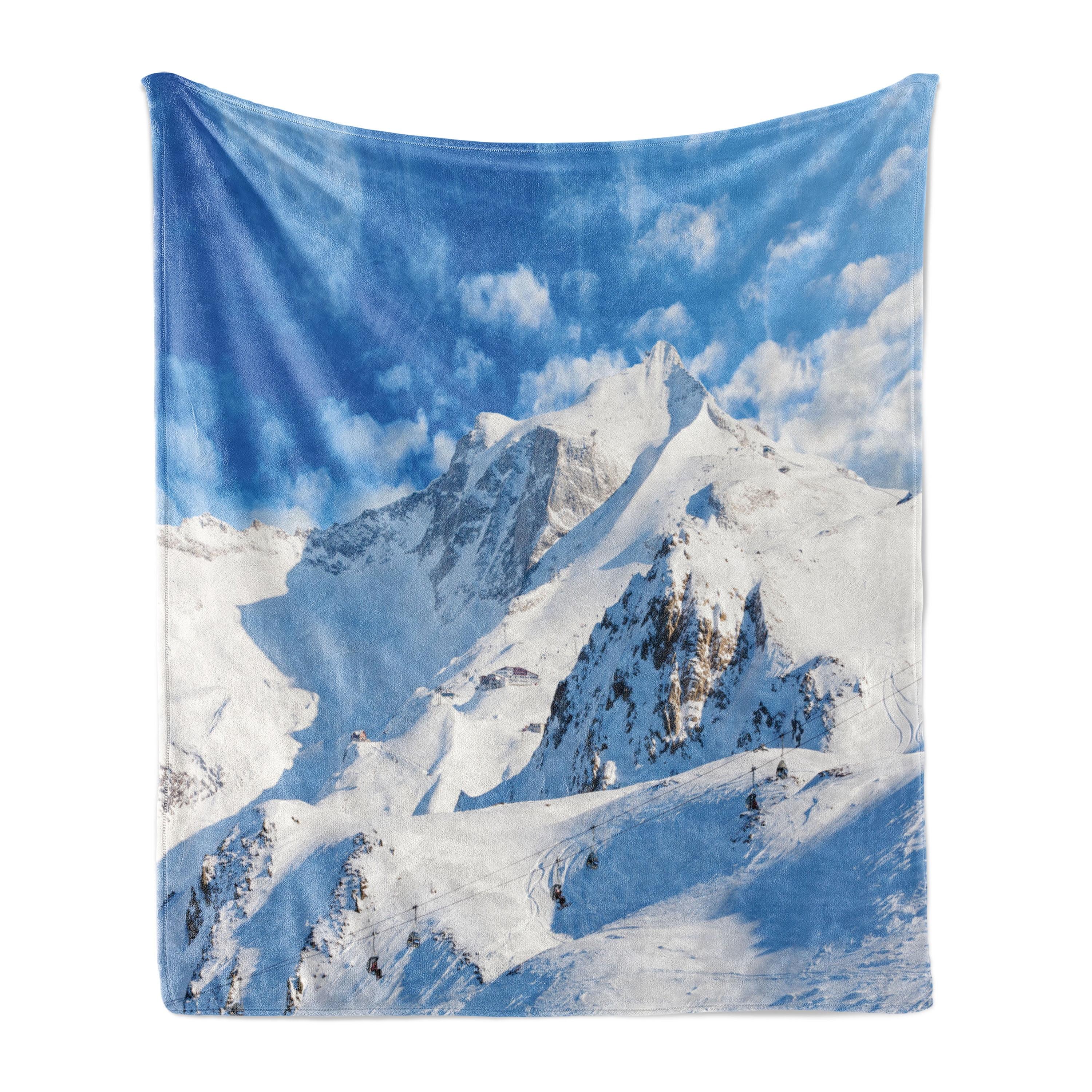 Winter Mountain Blue and White Fleece Throw Blanket