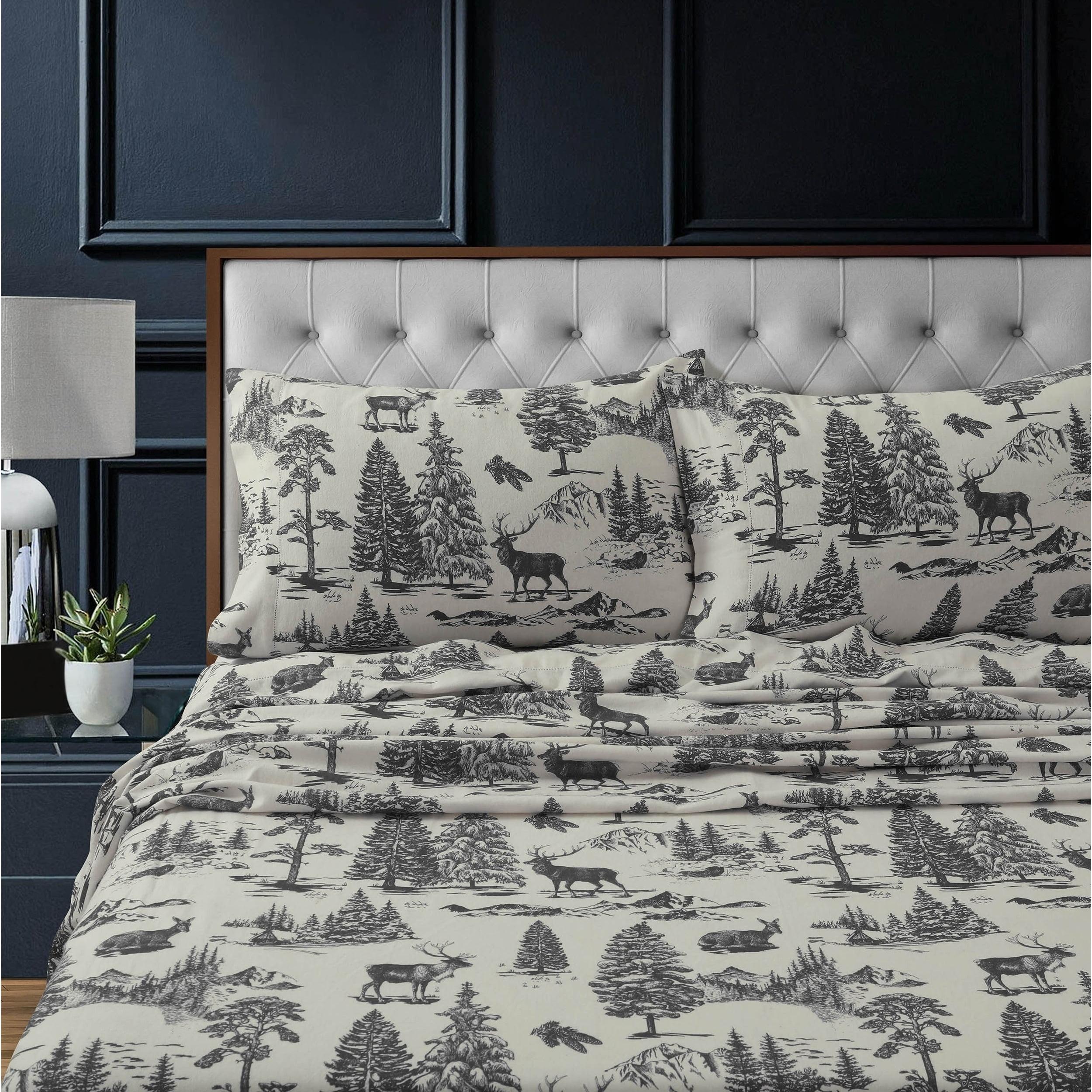 Marwah Corporation Heavyweight 200GSM Cotton Flannel Printed Extra Deep Pocket Sheet Set deer toile charcoal Queen Adult Flannel Toile French Country