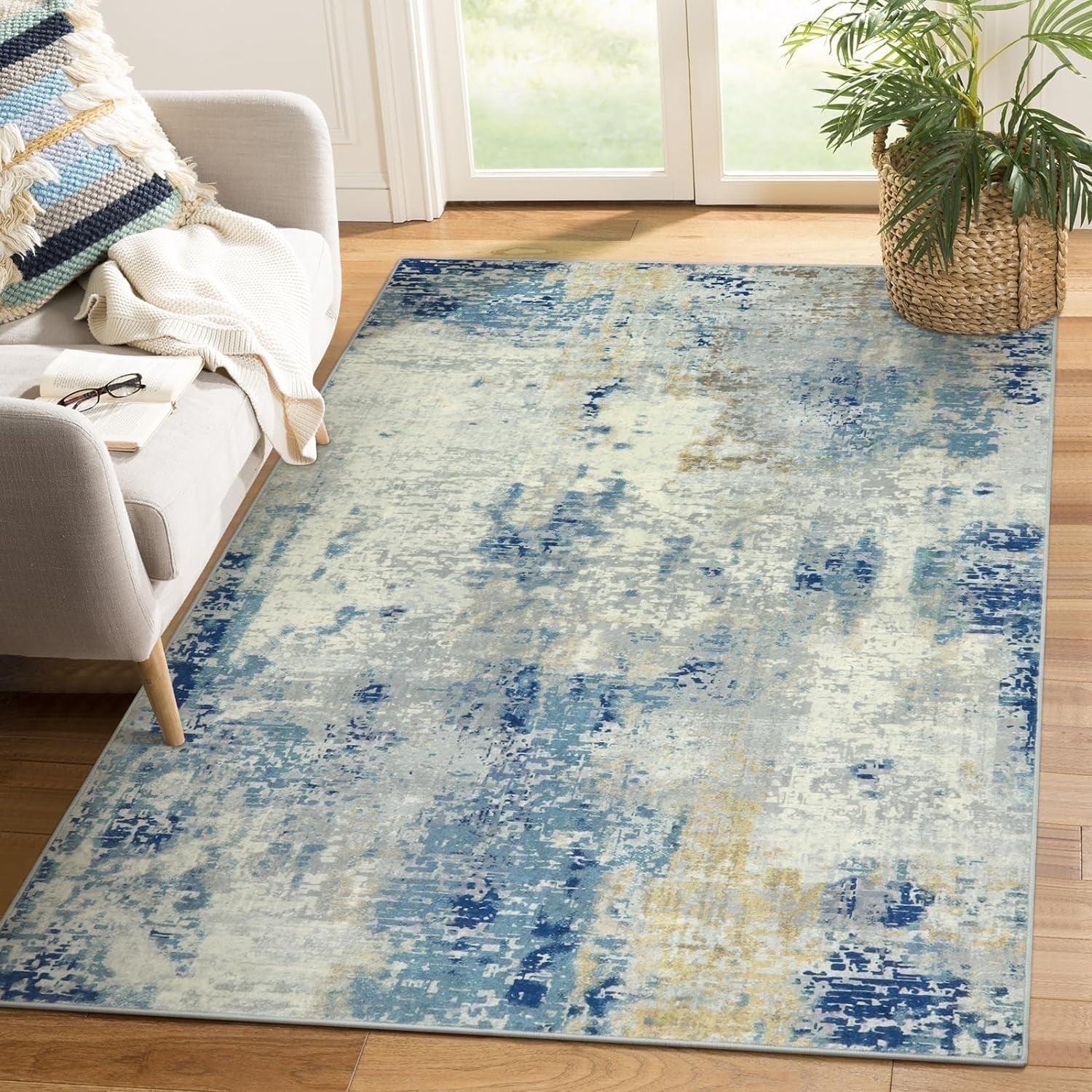 Blue Abstract Washable Synthetic 4' x 6' Area Rug