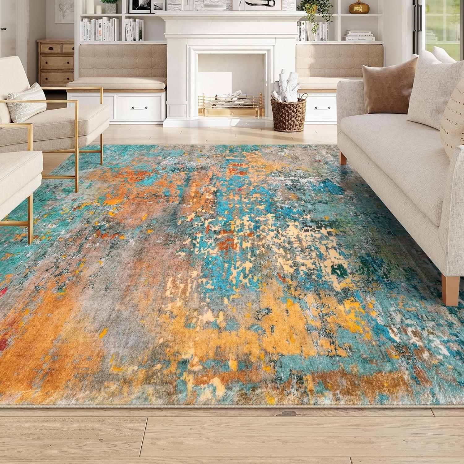 Moynesa 9'x12' Area Rug for Living Room Machine Washable Rugs Modern Abstract Low Pile Soft Mat Large Indoor Non-Slip Accent Carpet for Dining Room Table Apartment,Rosy