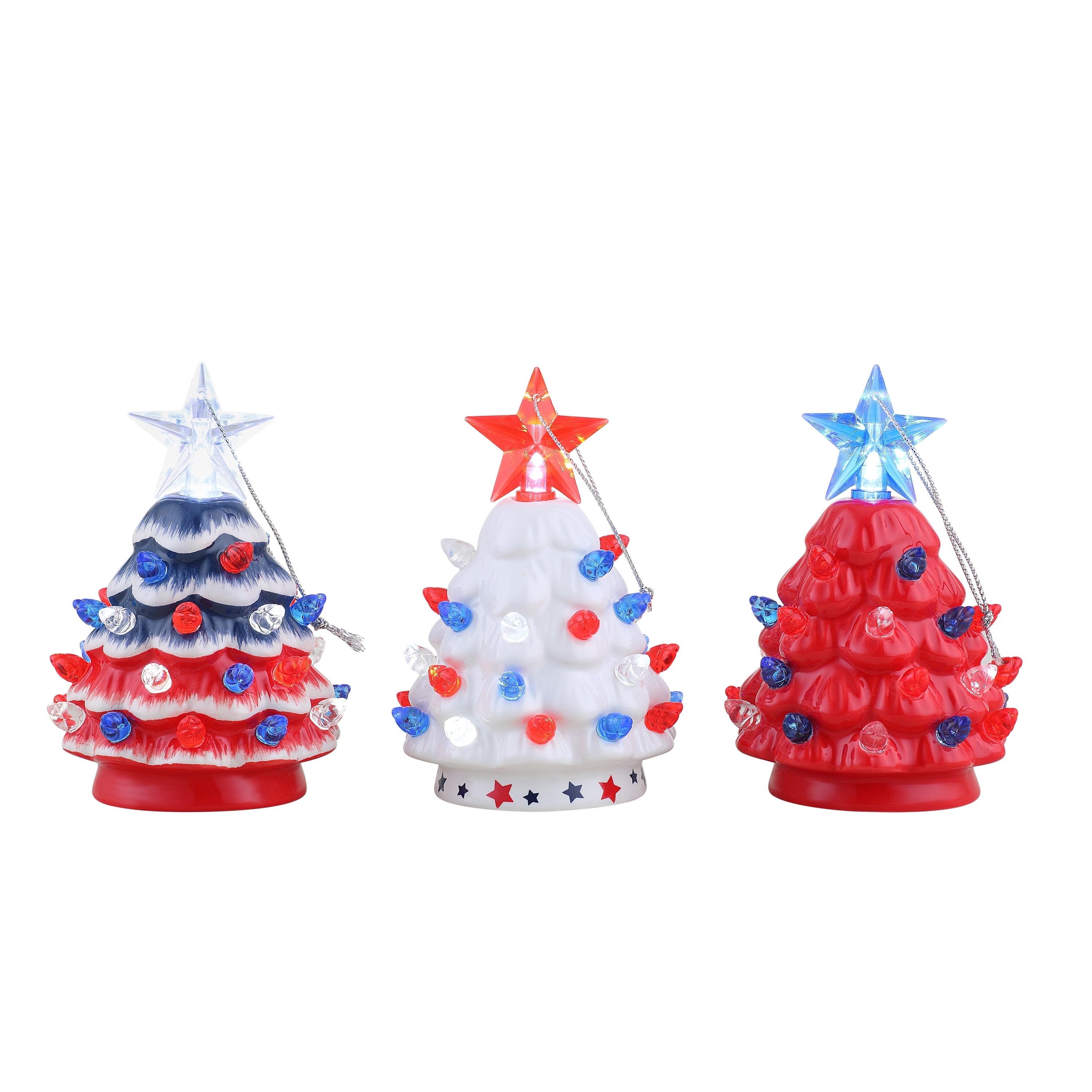 Set of 3 Mini Red White Blue Ceramic Christmas Trees