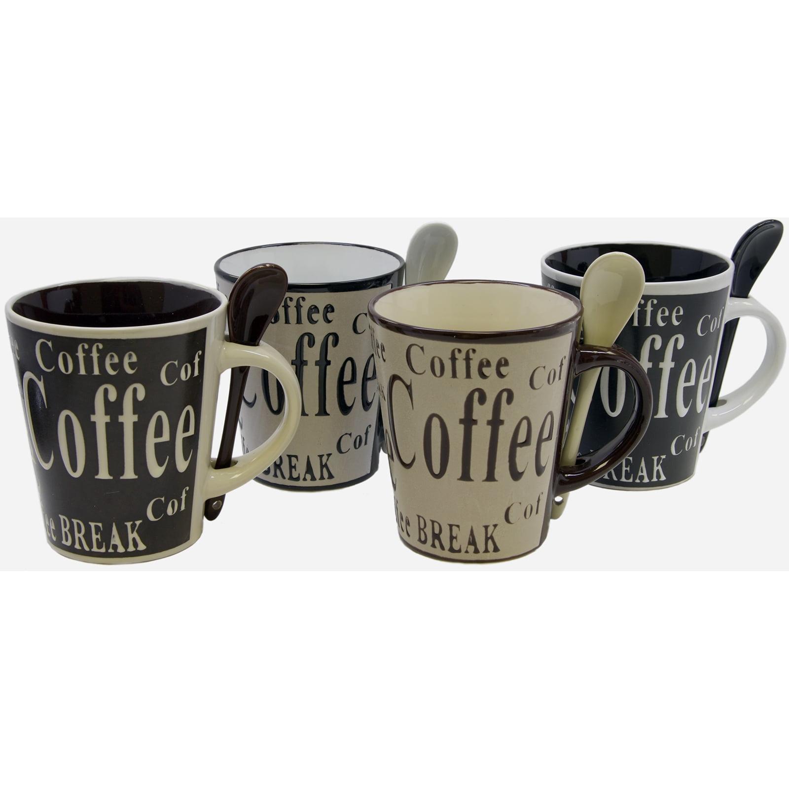 Bareggio 8-Piece Black and Beige Ceramic Coffee Mug Set with Spoons