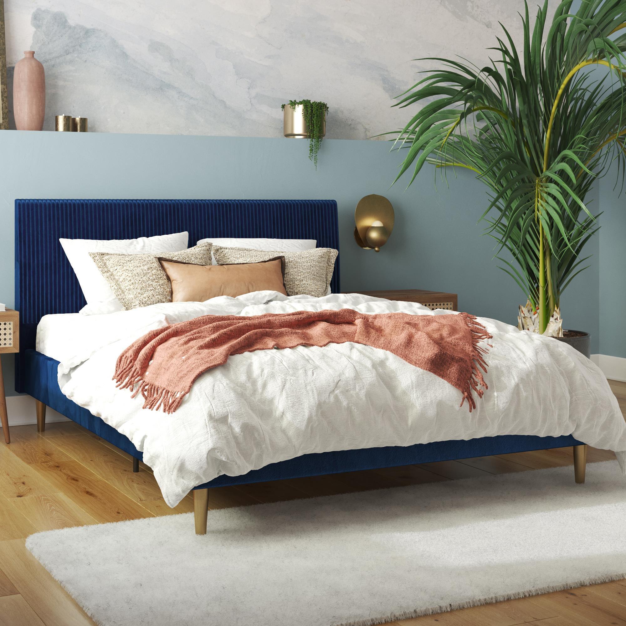 Daphne Full Double Blue Velvet Upholstered Bed with Tufted Headboard