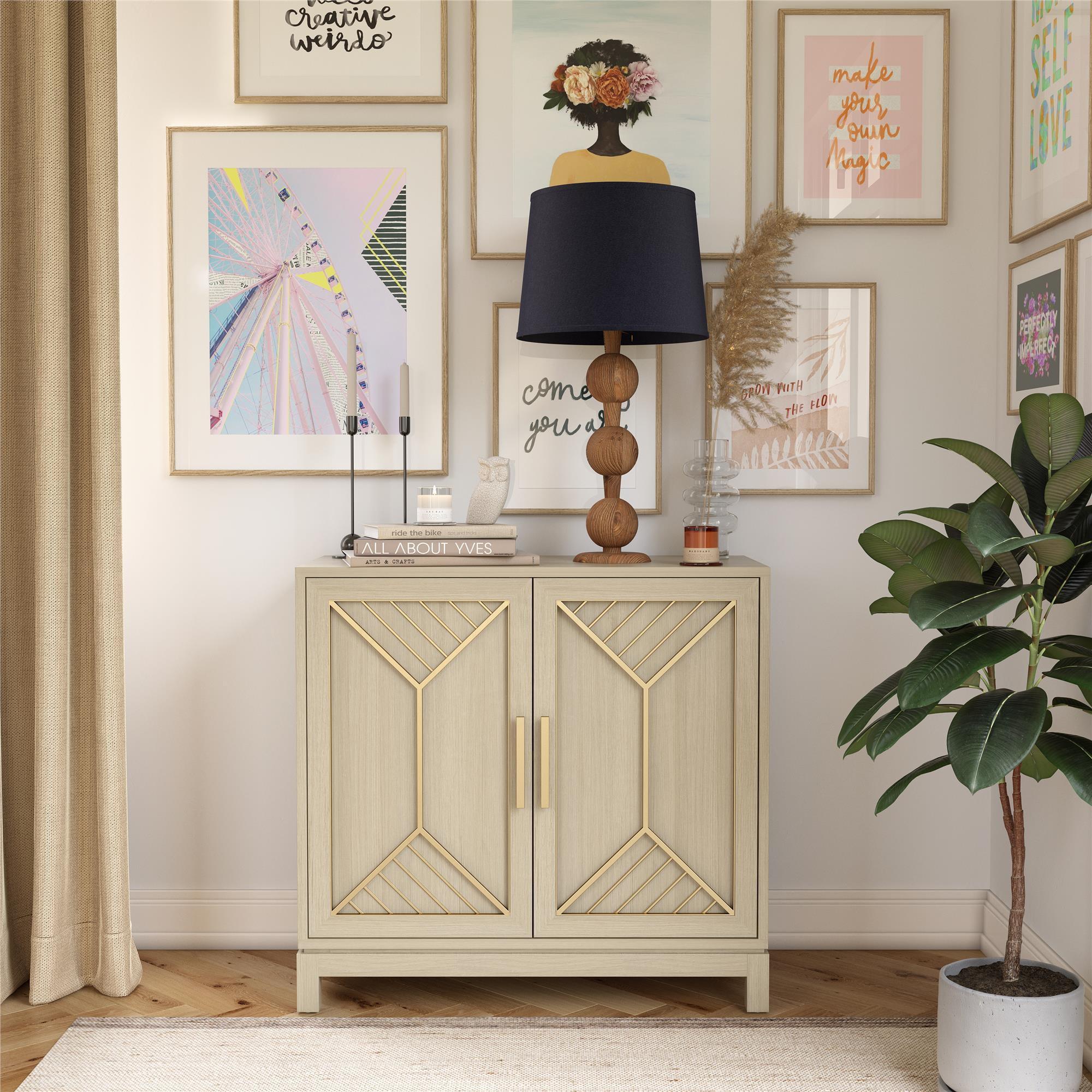 Mr. Kate Neely Accent Cabinet Pale Oak: Vintage Glam Style, MDF & Particle Board, 2 Shelves, 31.9" Height