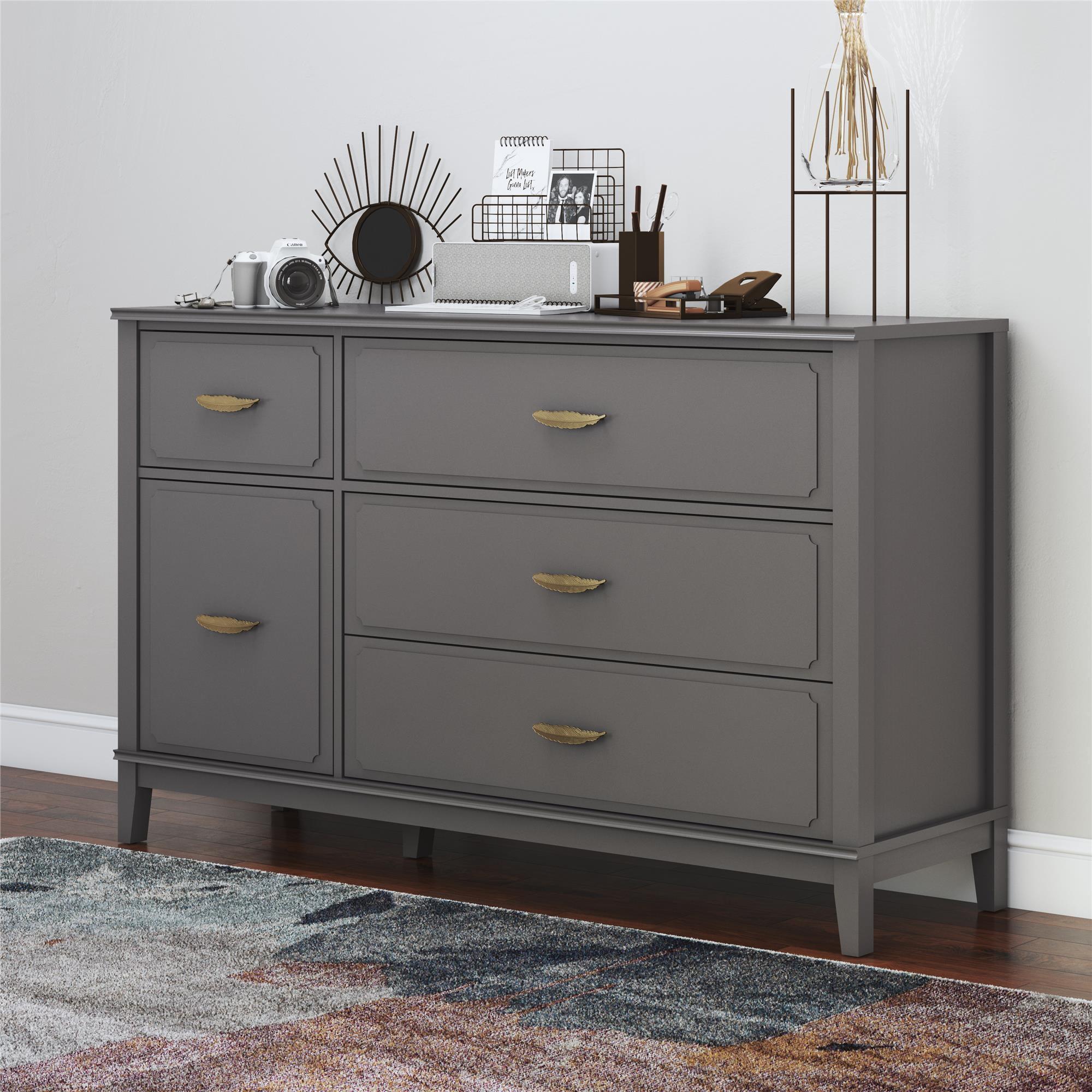 Graphite Gray Glam Wide Dresser with Gold Feather Pulls