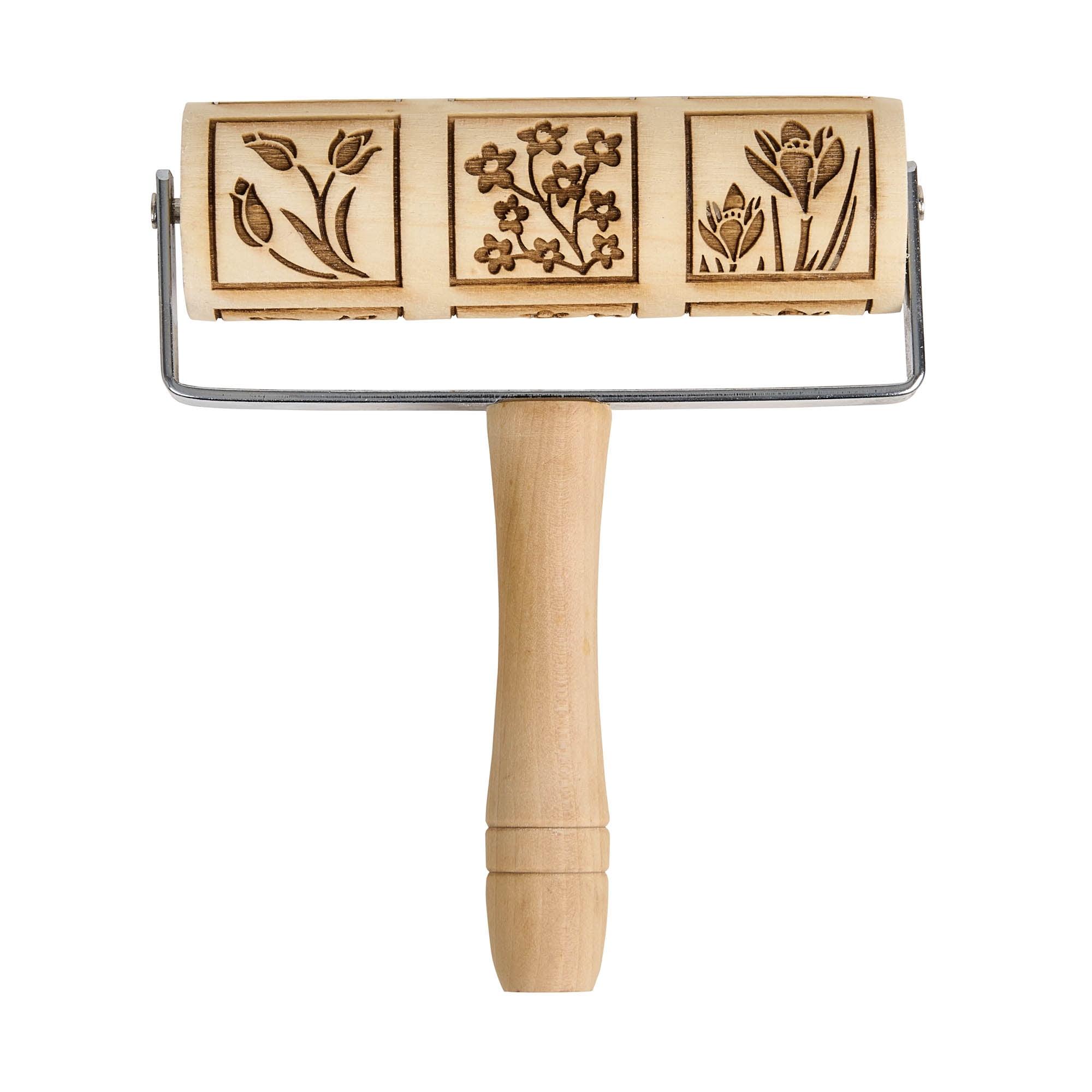 Mrs. Anderson's Baking Mini Embossing Rolling Pin, Spring Flowers Design, Poplar Wood and Chrome-Plated Iron
