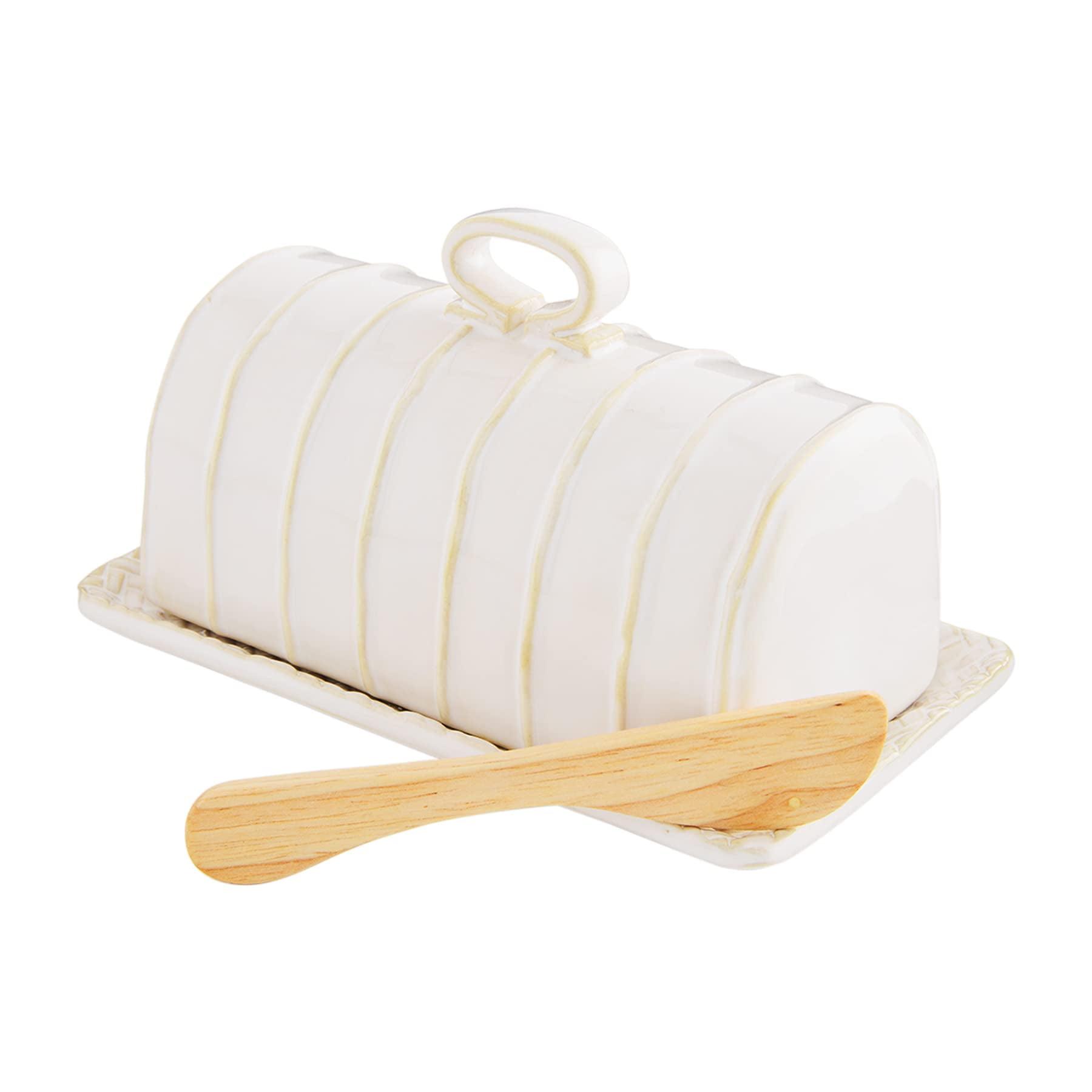 White Textured Stoneware Butter Dish Set with Wood Spreader