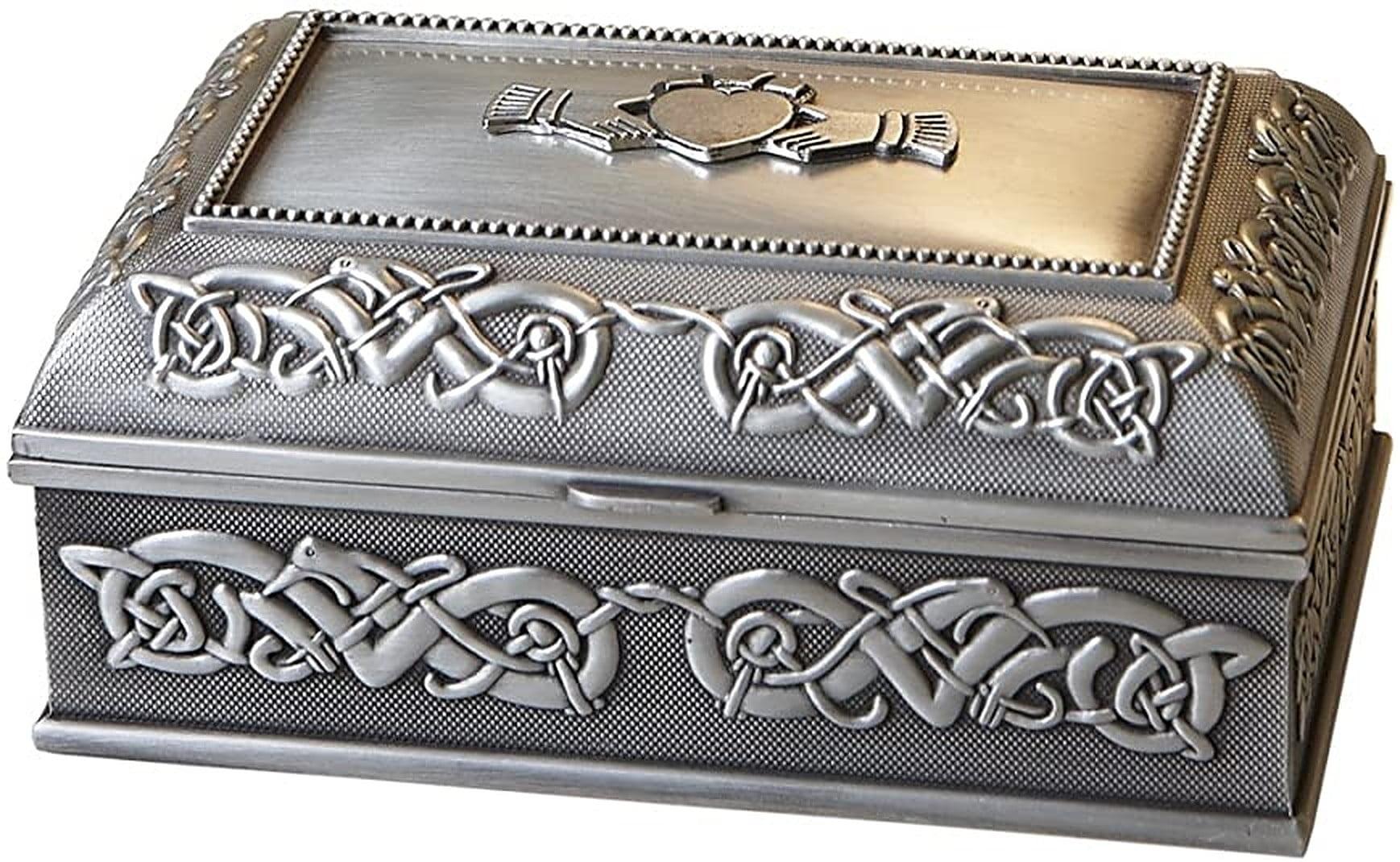 Handcrafted Pewter Claddagh Design Jewelry Box with Red Velvet Lining