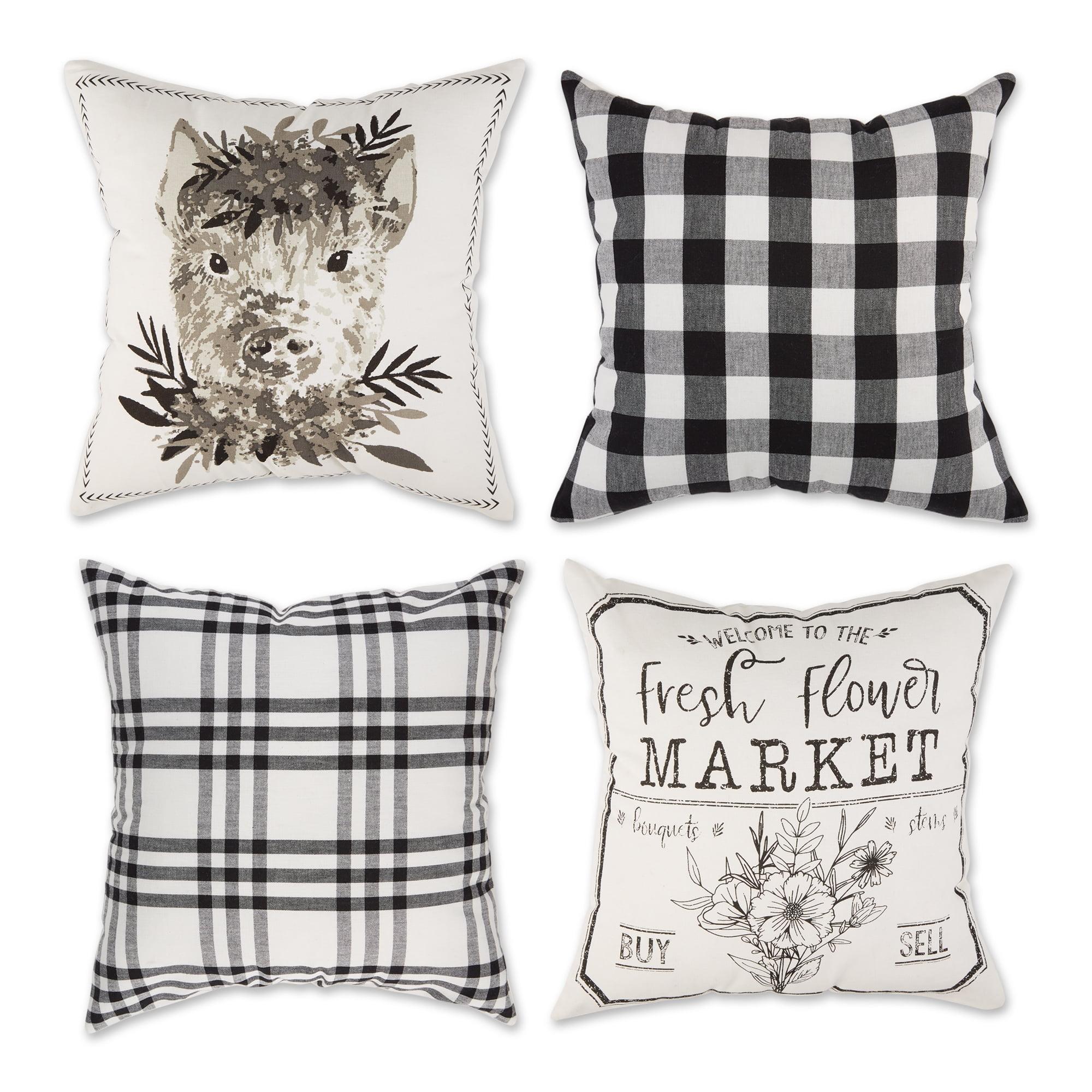 4pk 18"x18" Pig and Flower Market Farmhouse Check and Printed Square Throw Pillow Covers White - Design Imports: Cotton, Hidden Zipper