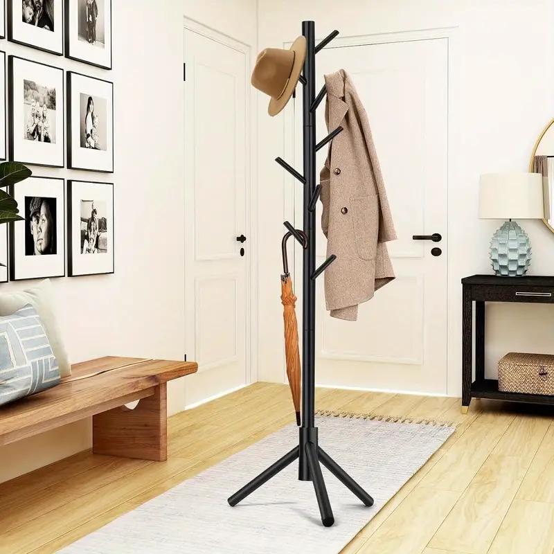 Black Solid Wood Free Standing Coat Rack with 8 Hooks