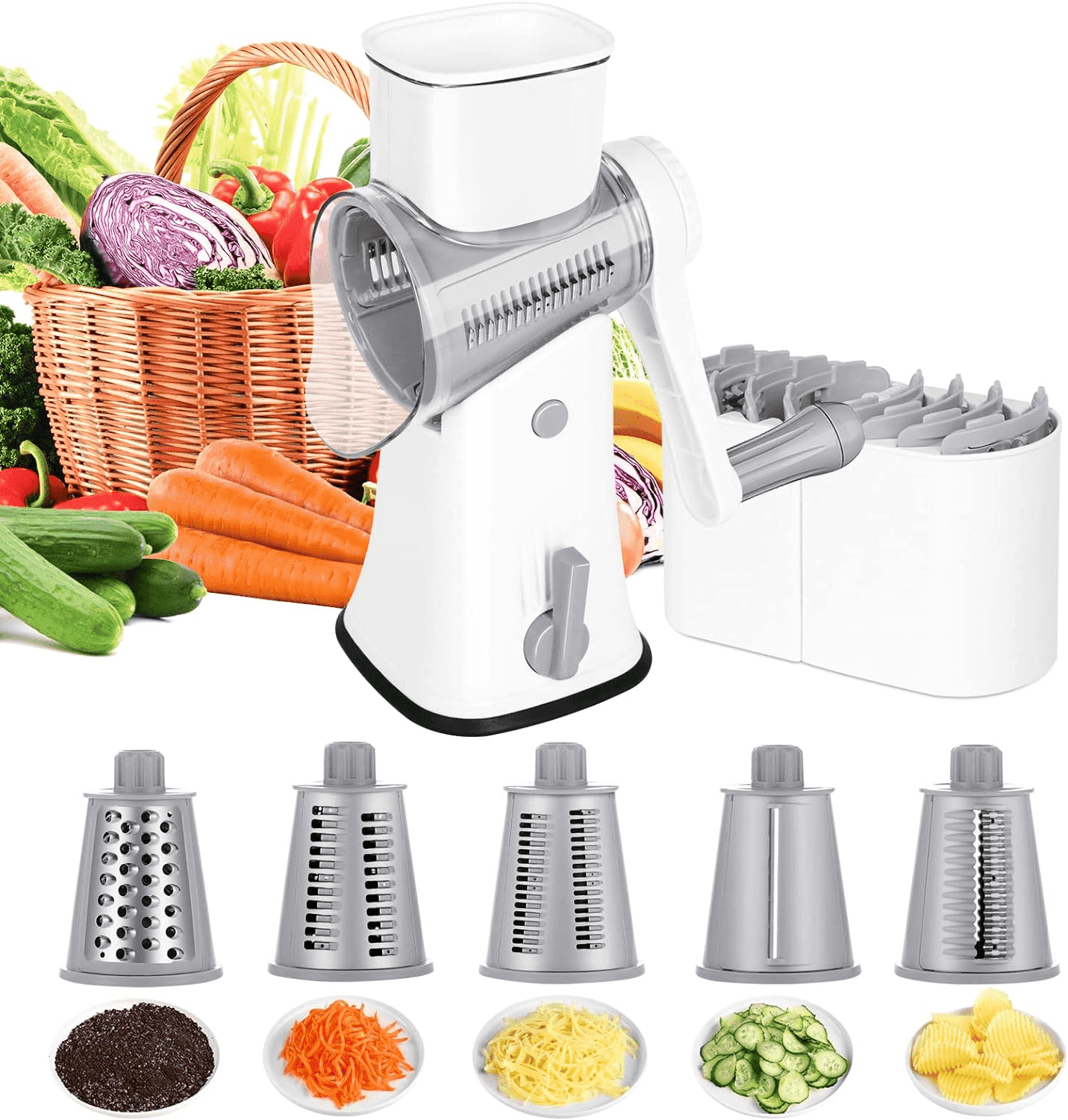 White 5-in-1 Rotary Cheese Grater with Handle and Suction Base