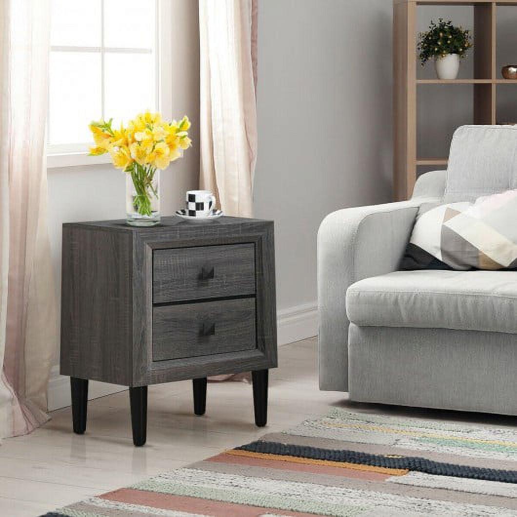 Retro Grey 2-Drawer Nightstand with Rubber Wood Legs