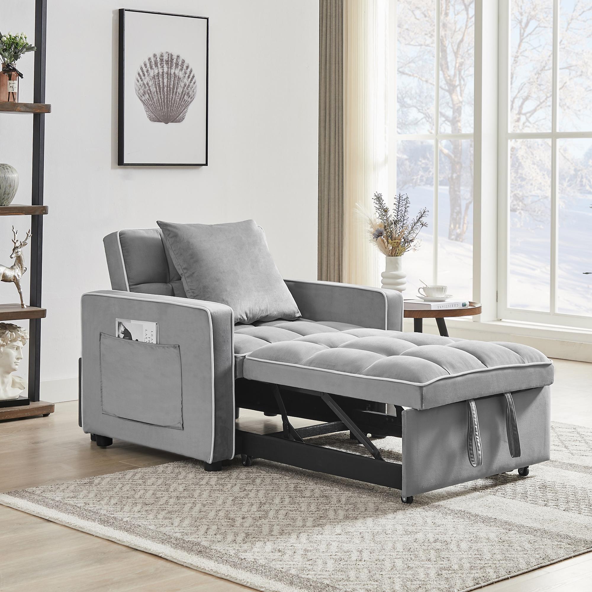 Muumblus Sleeper Sofa Chair Bed, 3-in-1 Convertible Sofa Chair, Modern Adult Velvet Chaise Lounge for Living Room, Gray