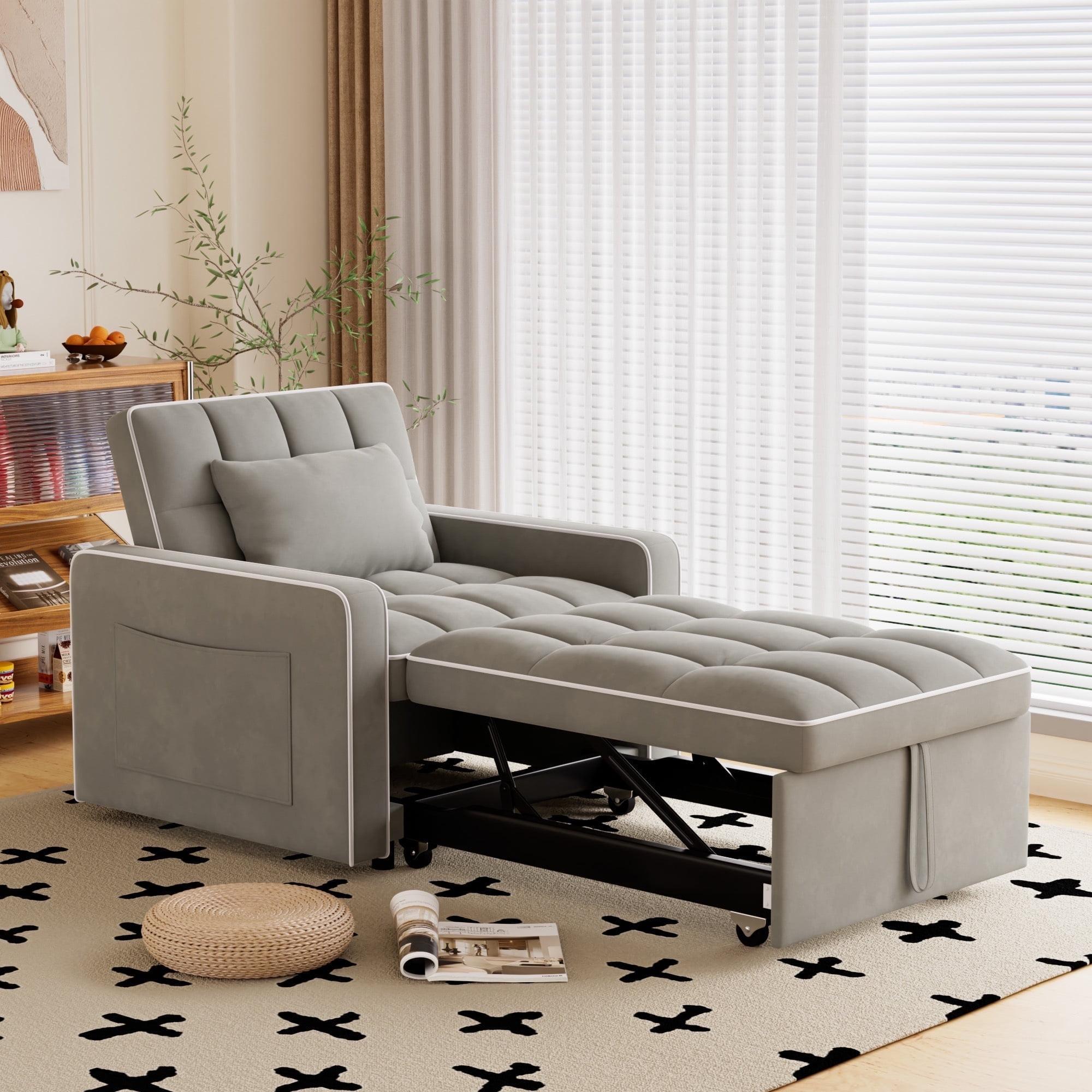 Muumblus Sleeper Sofa Chair Bed, 3-in-1 Convertible Sofa Chair, Modern Adult Velvet Chaise Lounge for Living Room, Gray