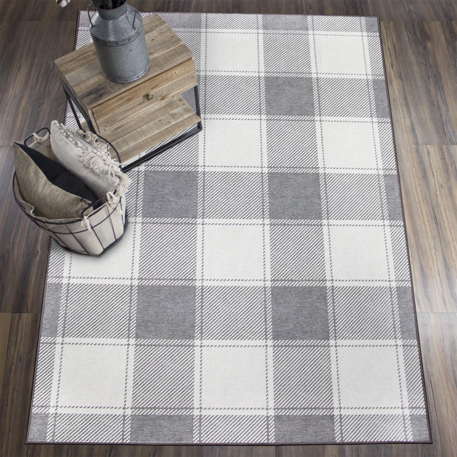 Buffalo Plaid Grey and White 5'x7' Synthetic Washable Rug