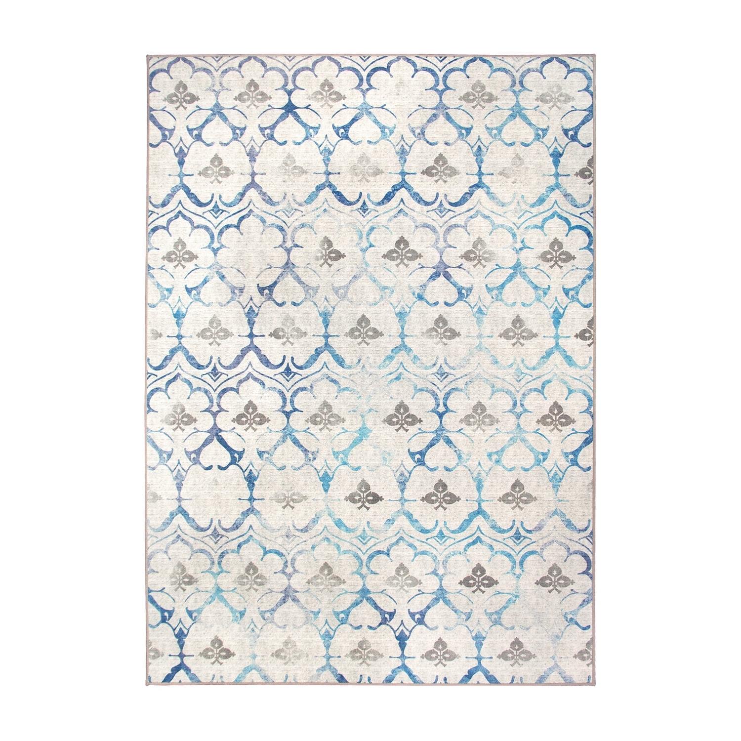 Beige Blue Floral Synthetic 5' x 7' Washable Area Rug