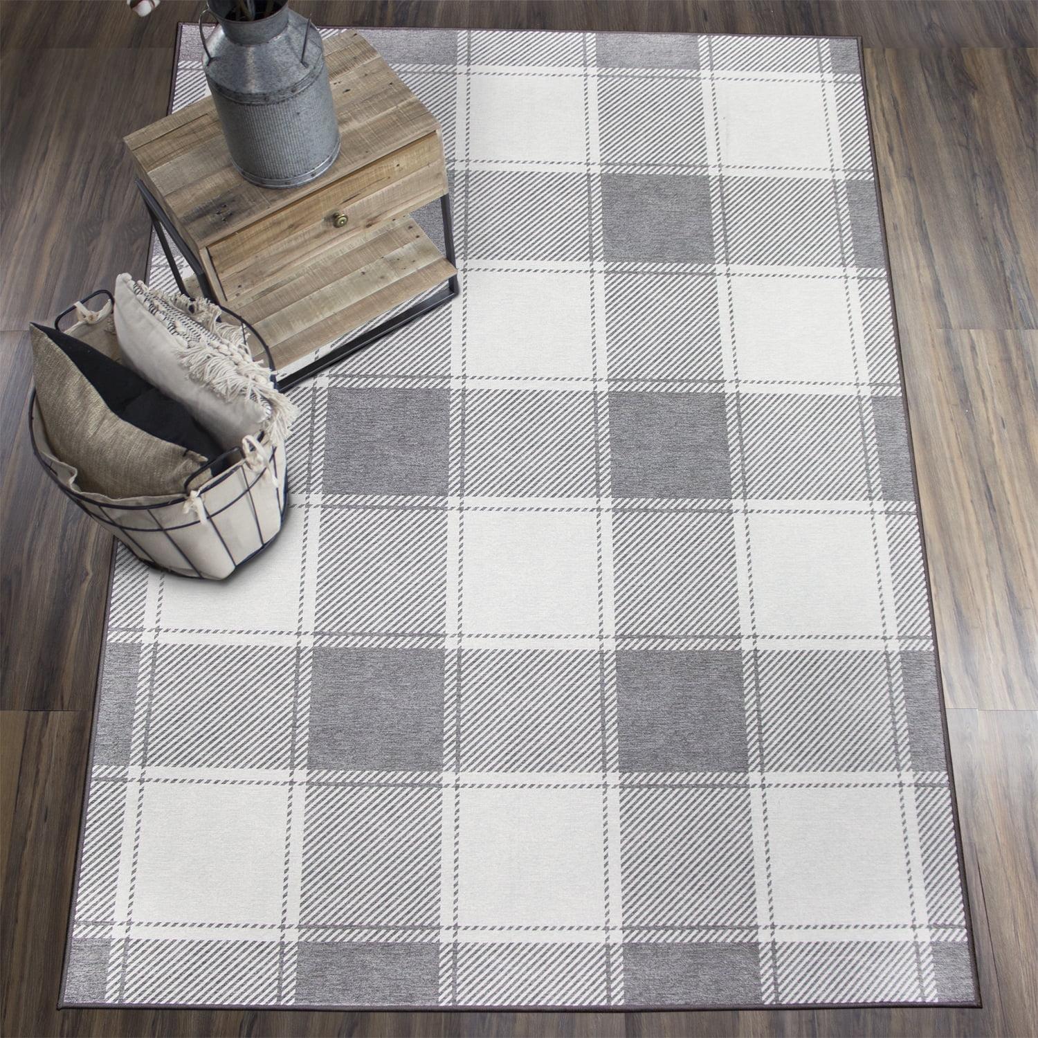 My Magic Carpet Buffalo Plaid Grey And White Plaid Flatweave Brown/Ivory Washable Area Rug | Wayfair