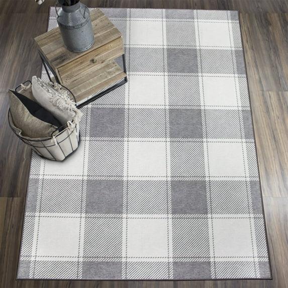 My Magic Carpet Buffalo Plaid Grey And White Plaid Flatweave Brown/Ivory Washable Area Rug | Wayfair