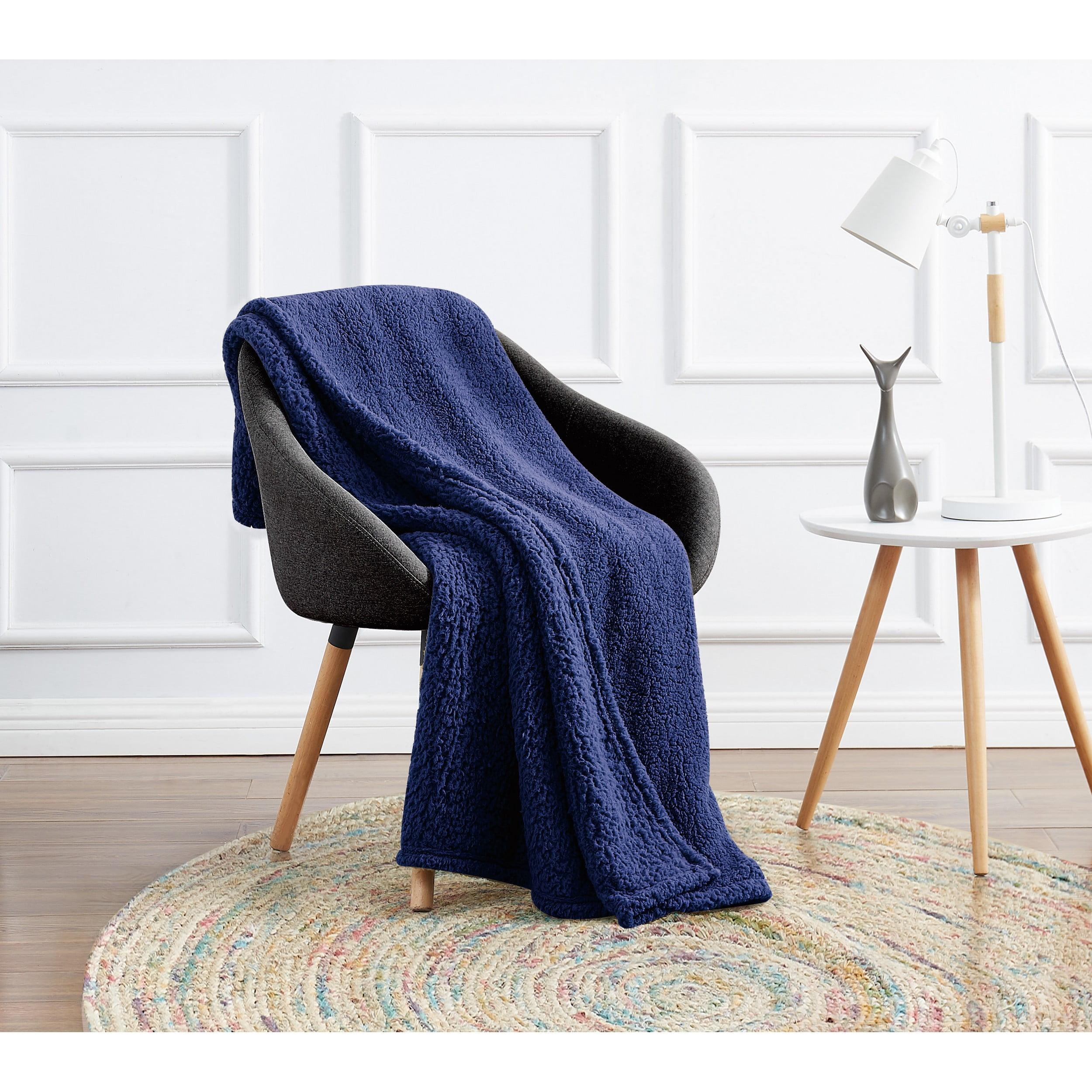 My World Cloud Faux Shearling Throw Blanket Navy: Sensory Friendly, Knitted Polyester, Machine Washable