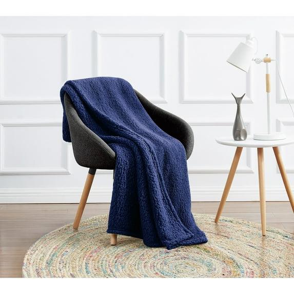 My World Cloud Faux Shearling Throw Blanket Navy: Sensory Friendly, Knitted Polyester, Machine Washable