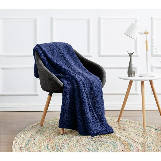 My World Cloud Faux Shearling Throw Blanket Navy: Sensory Friendly, Knitted Polyester, Machine Washable