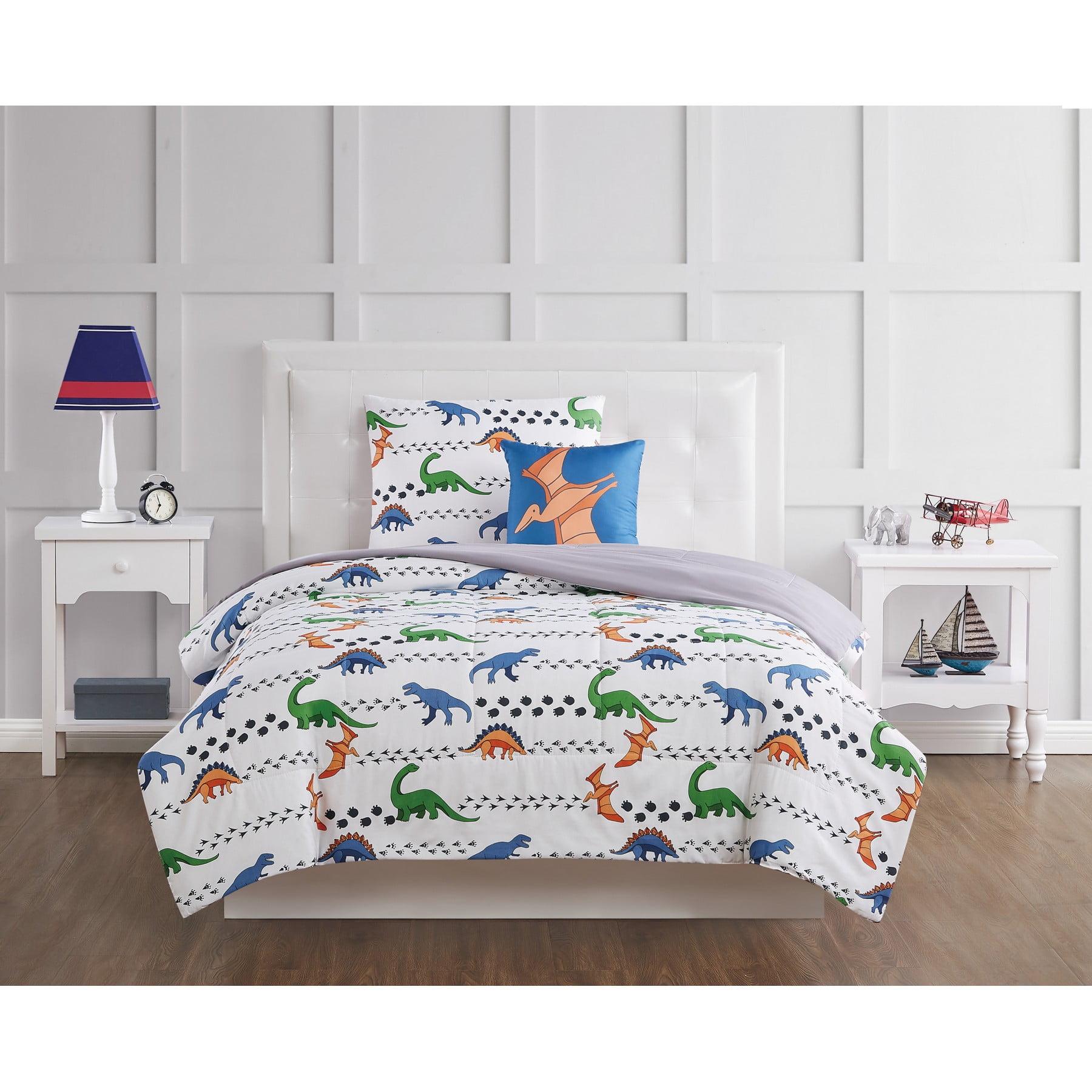 Twin 3pc Dino Tracks Reversible Kids' Comforter Set White - My World: Dinosaur Bedding for Boys, Includes Pillow Sham